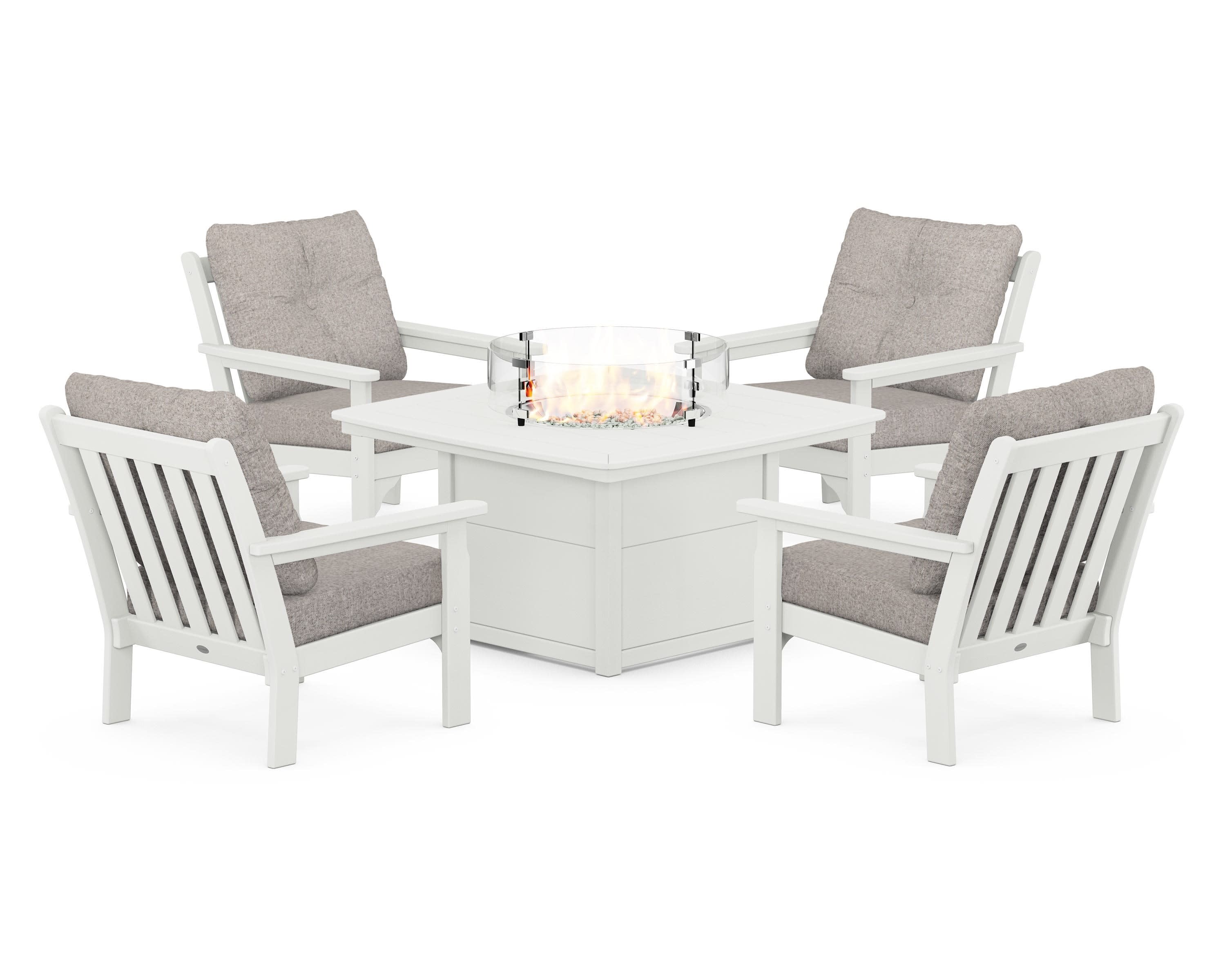 Vineyard 5-Piece Conversation Set with Fire Pit Table in Vintage White / Weathered Tweed