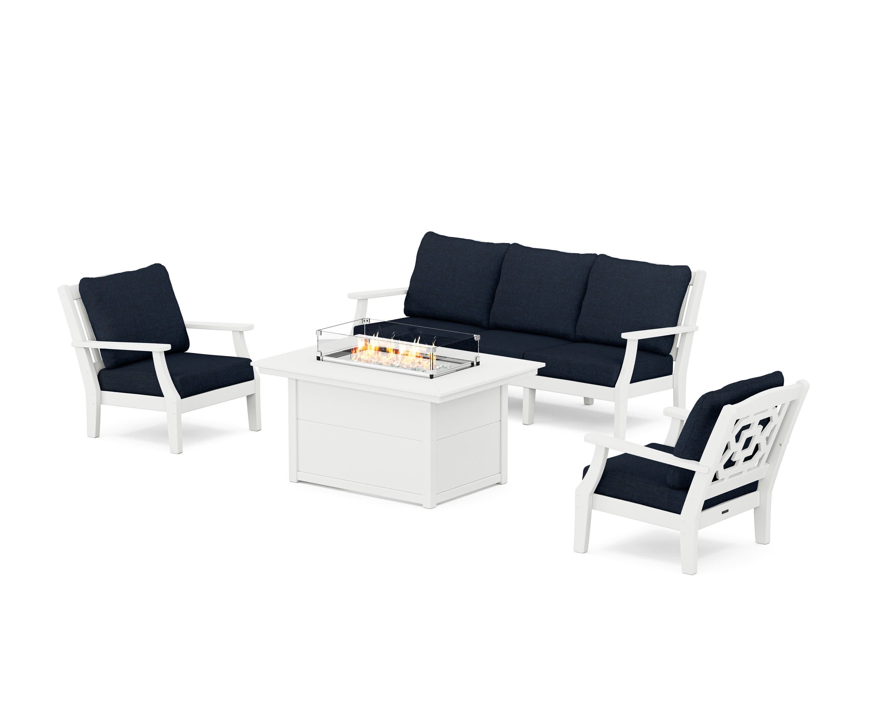 Chinoiserie Deep Seating Fire Pit Table Set in White / Marine Indigo