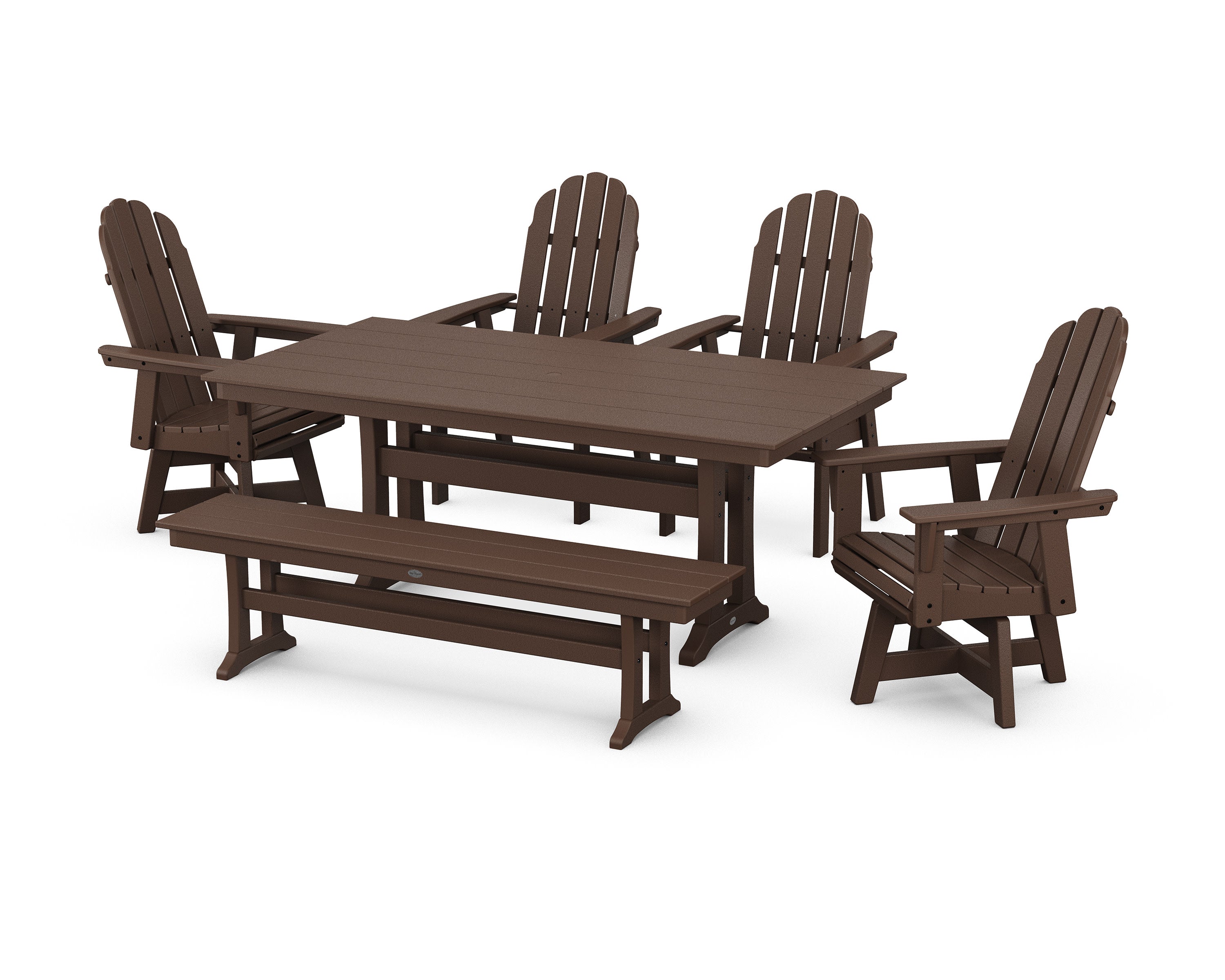 Vineyard Curveback Adirondack 6-Piece Swivel Chair Farmhouse Dining Set with Trestle Legs and Bench in Mahogany