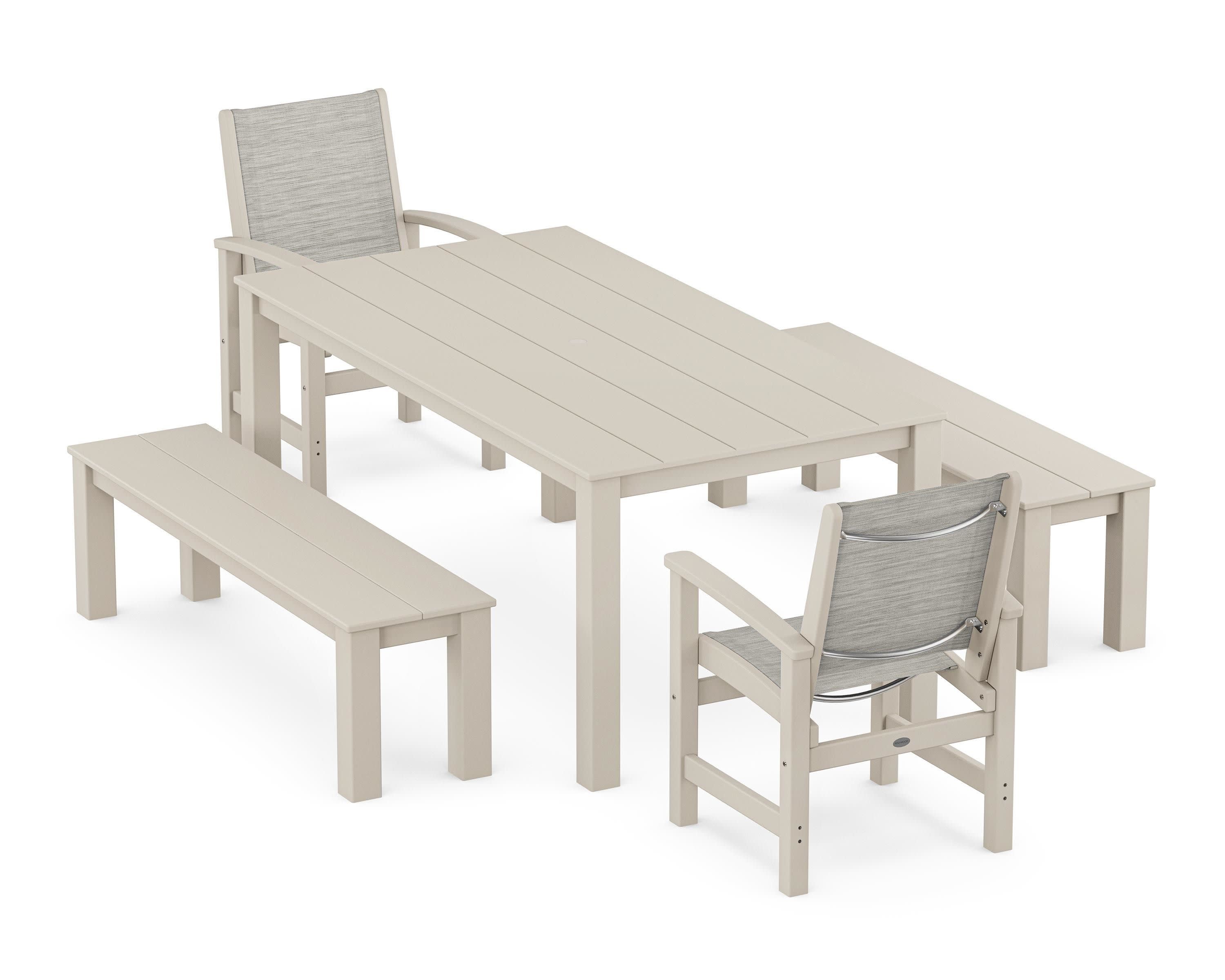 Coastal 5-Piece Parsons Dining Set with Benches in Sand / Birch Sling