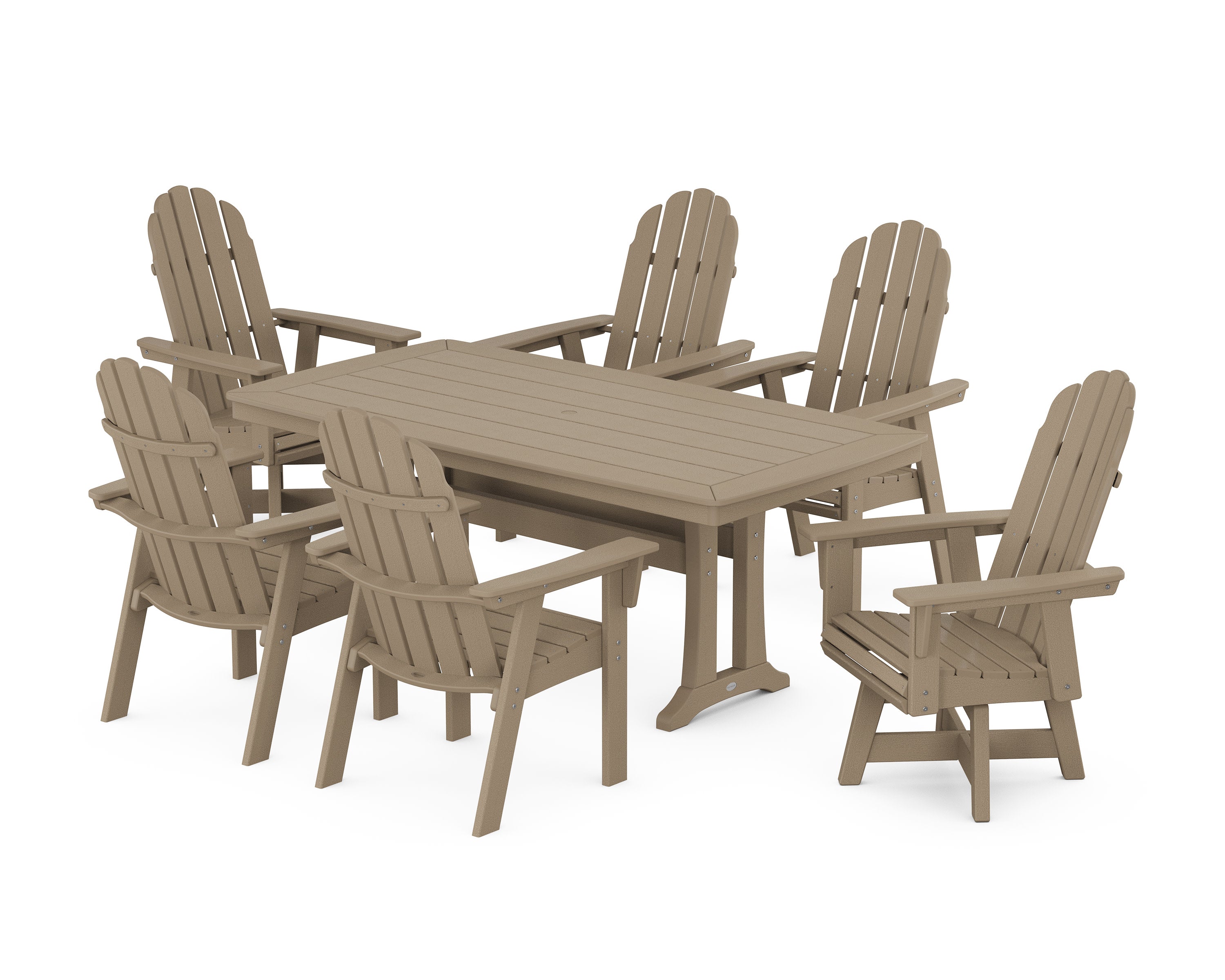 Vineyard Curveback Adirondack Swivel Chair 7-Piece Dining Set with Trestle Legs in Vintage Sahara