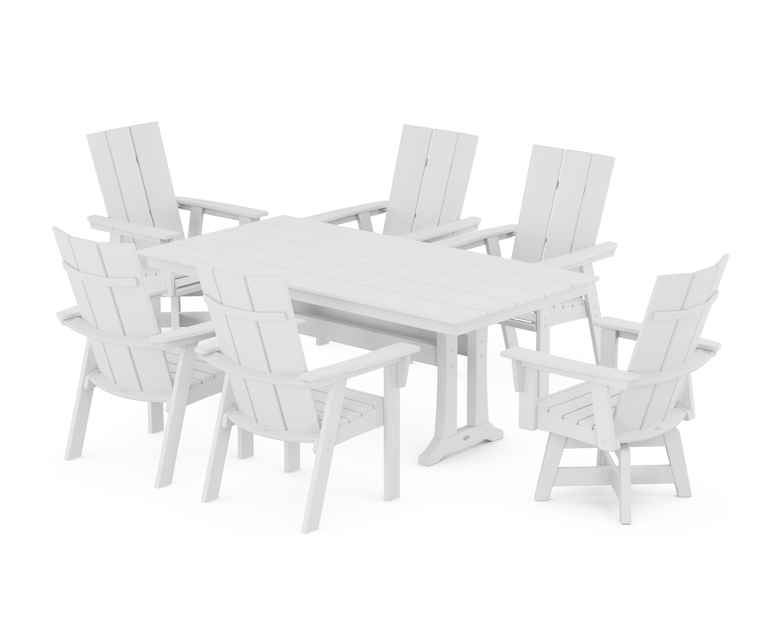 Modern Curveback Adirondack Swivel Chair 7-Piece Farmhouse Dining Set With Trestle Legs in White