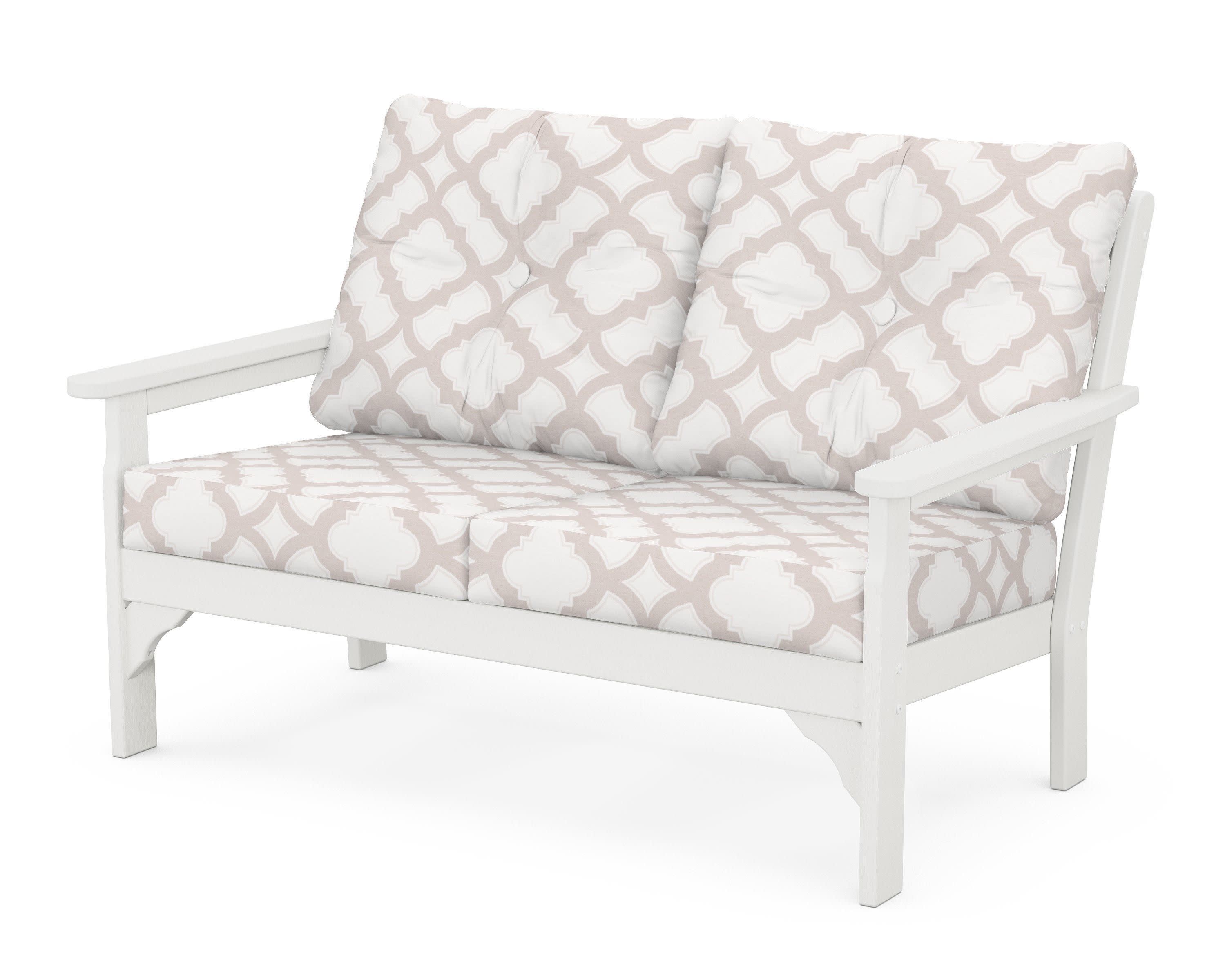 Vineyard Deep Seating Loveseat in Vintage White / Trellis Dune Burlap