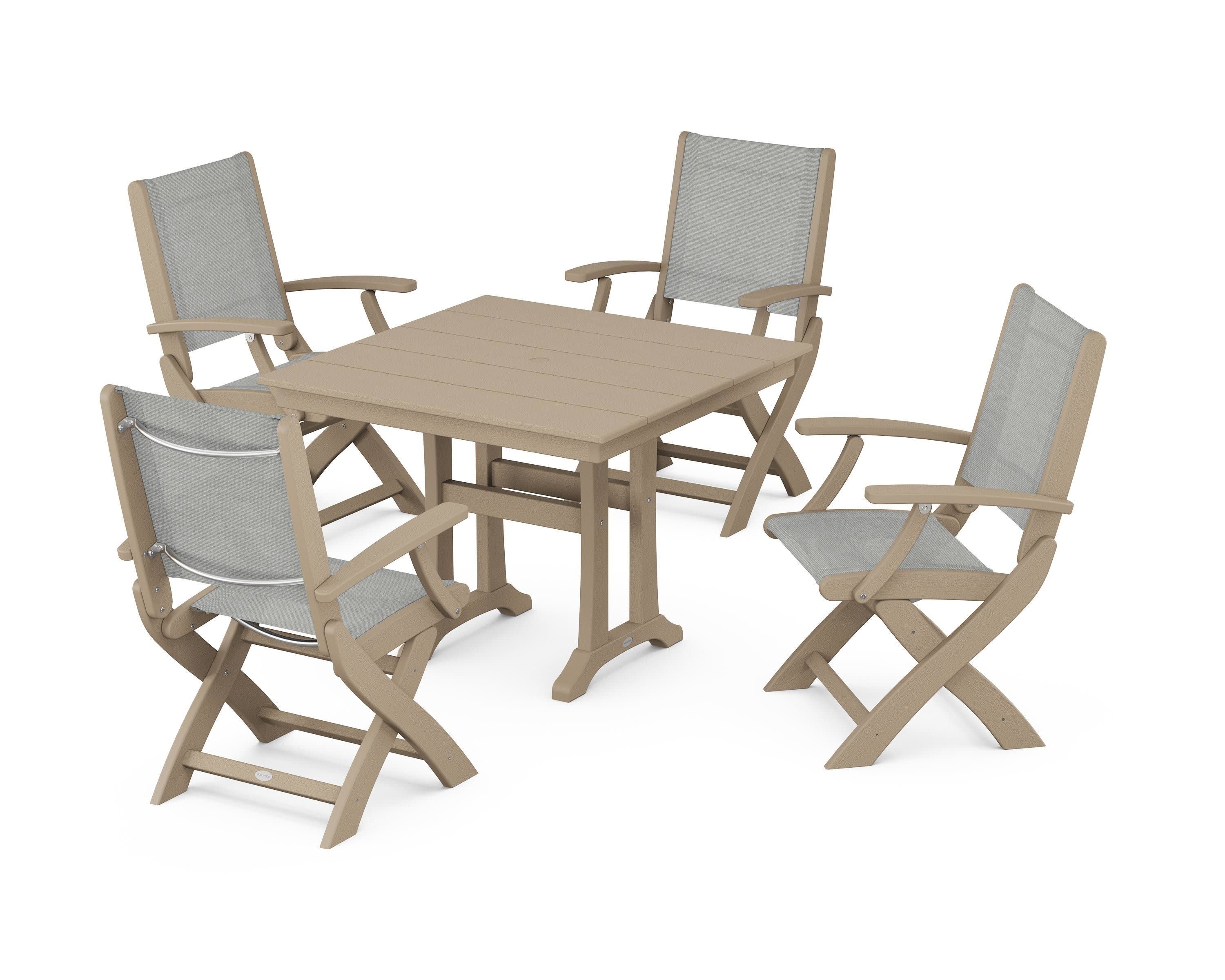 Coastal Folding Chair 5-Piece Farmhouse Dining Set With Trestle Legs in Vintage Sahara / Metallic Sling
