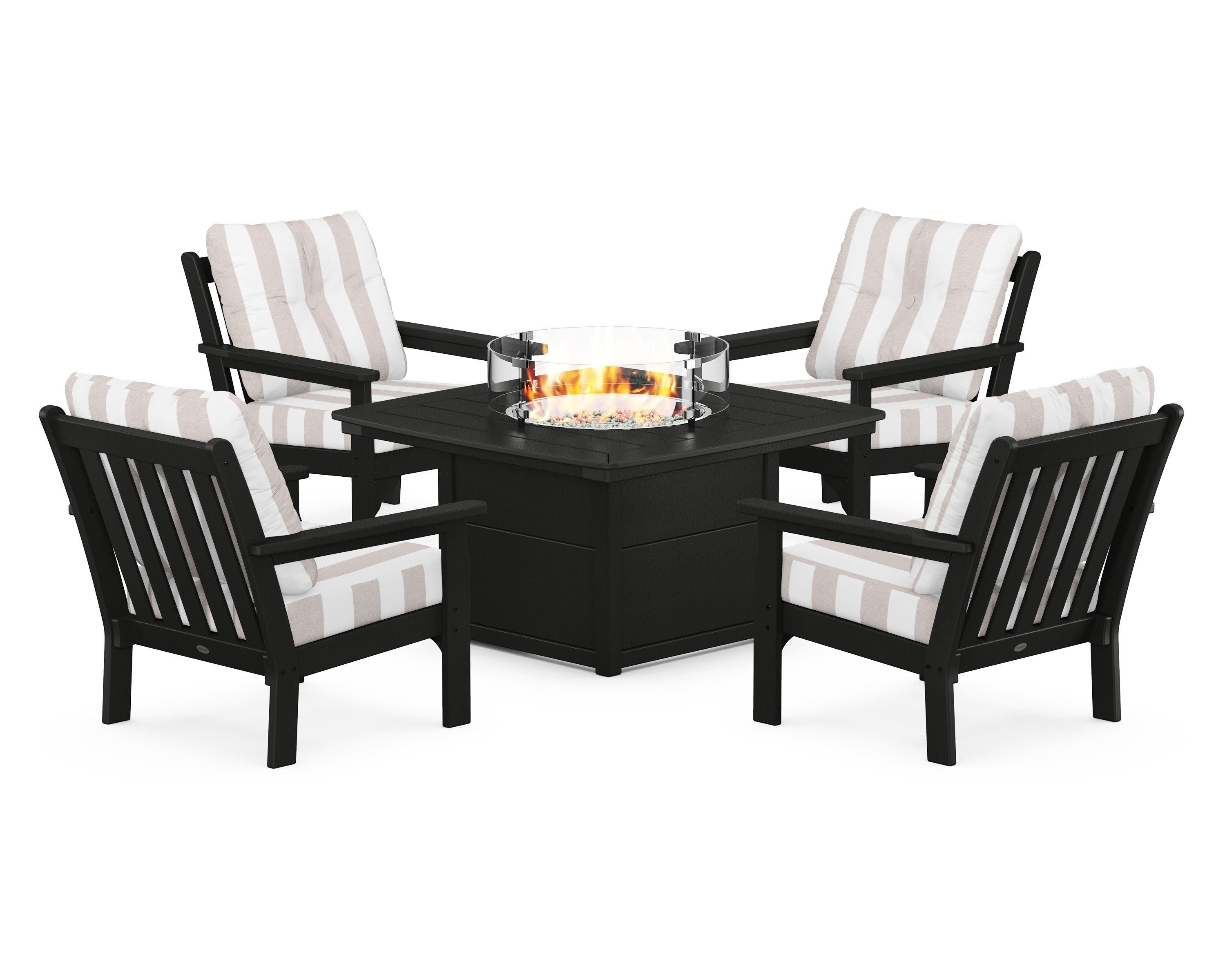 Vineyard 5-Piece Conversation Set with Fire Pit Table in Black / Cabana Stripe Dune Burlap