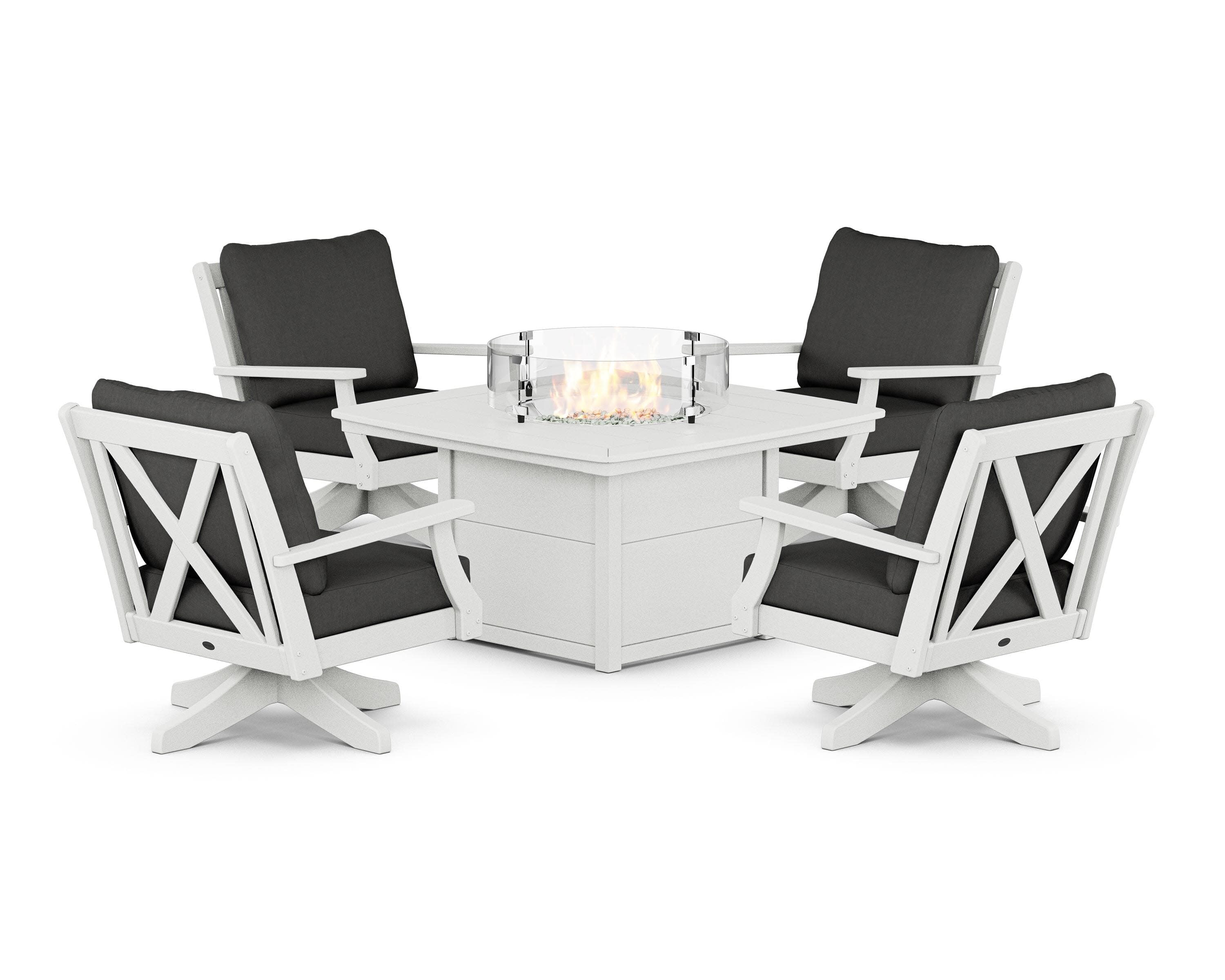 Braxton 5-Piece Deep Seating Swivel Conversation Set with Fire Pit Table in Vintage White / Spectrum Carbon