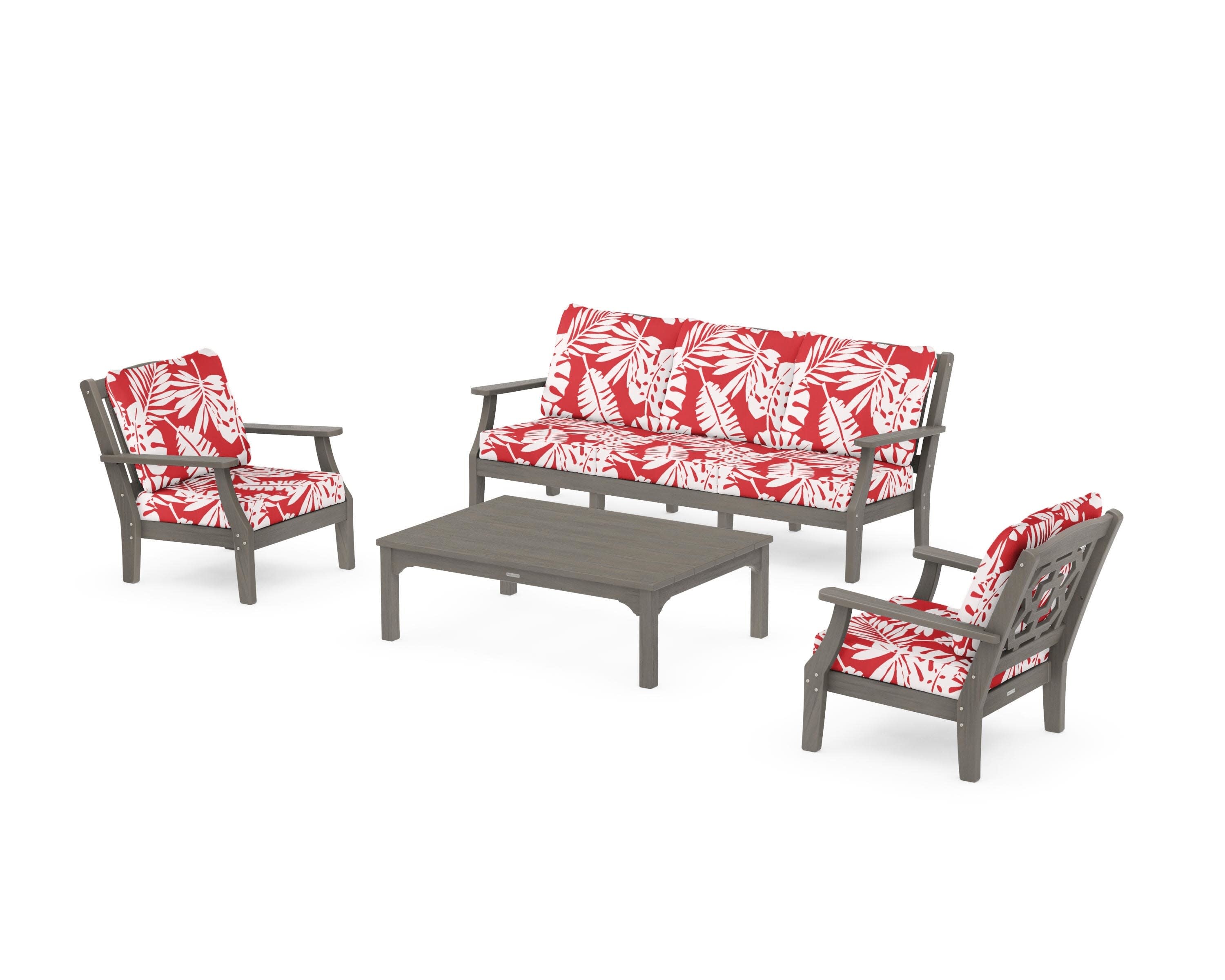 Chinoiserie 4-Piece Deep Seating Set with Sofa in Driftwood / Leaf Crimson