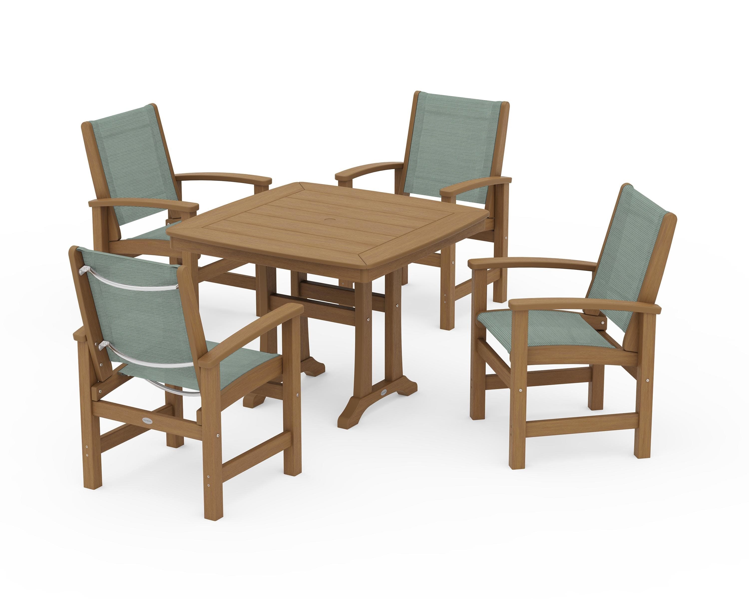 Coastal 5-Piece Dining Set with Trestle Legs in Natural / Dupioni Sea Mist Sling