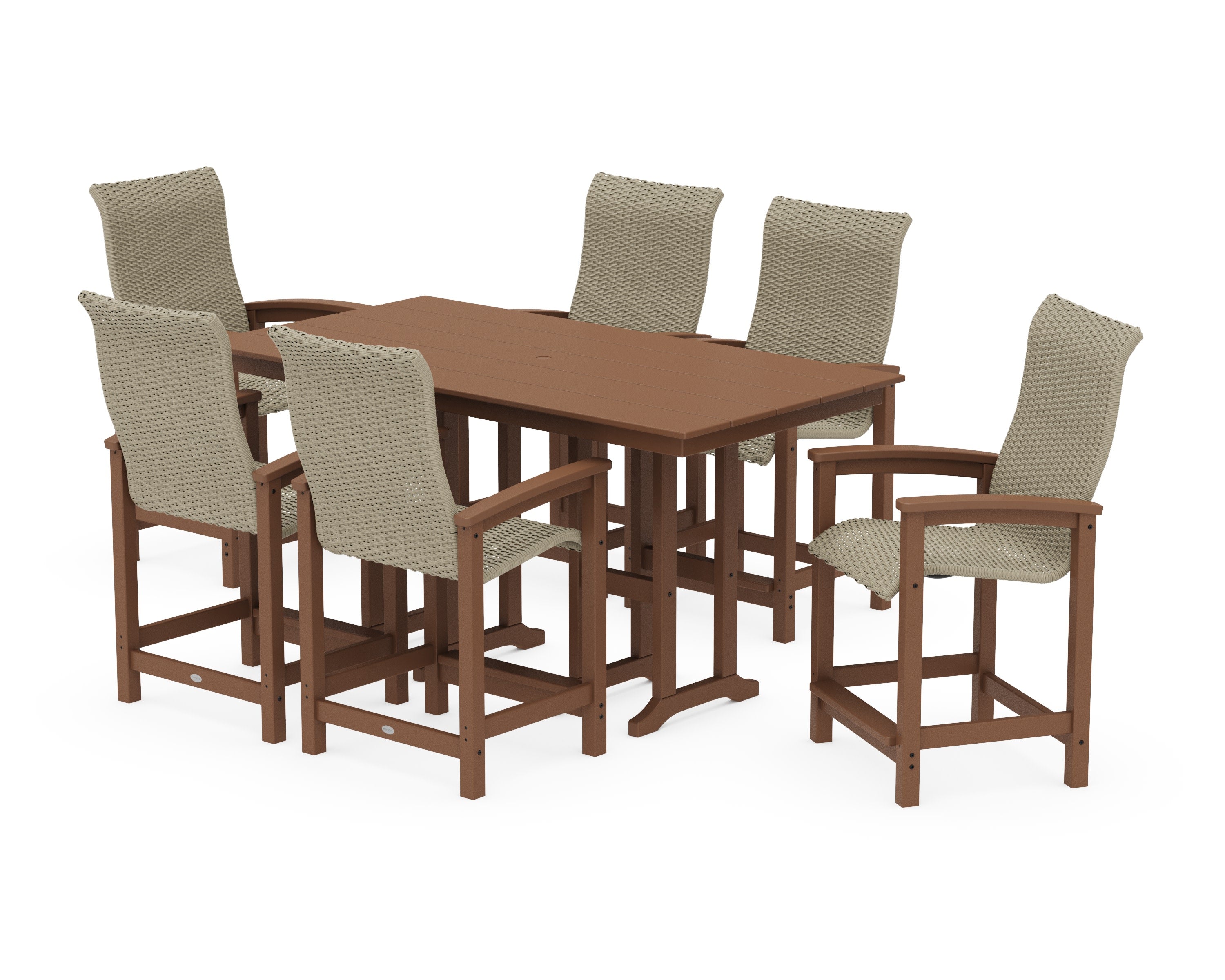 Coastal Woven High-Back Arm Chair 7-Piece Farmhouse Counter Set in Teak / Dune Grass