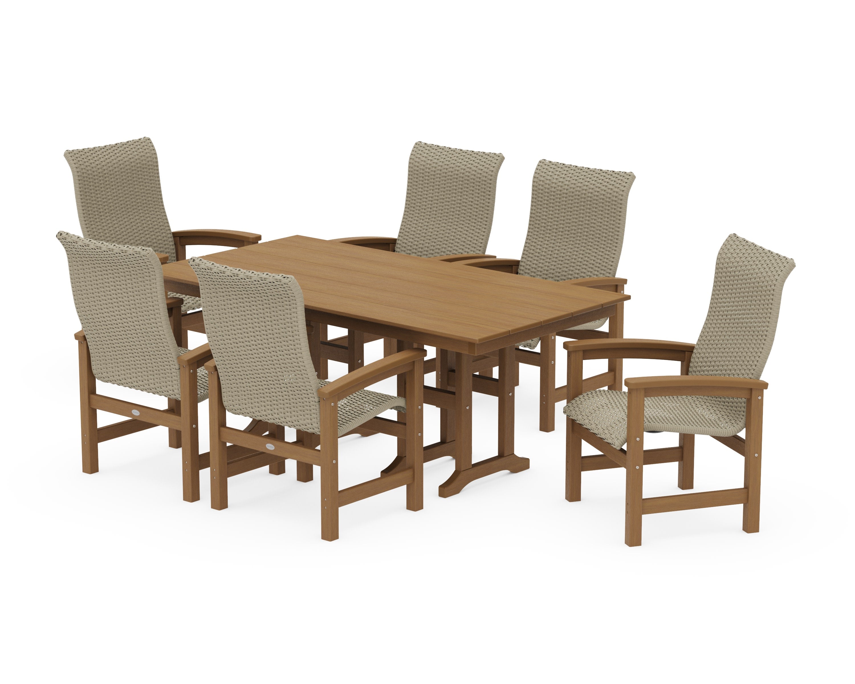 Coastal Woven High-Back Arm Chair 7-Piece Farmhouse Dining Set in Natural / Dune Grass