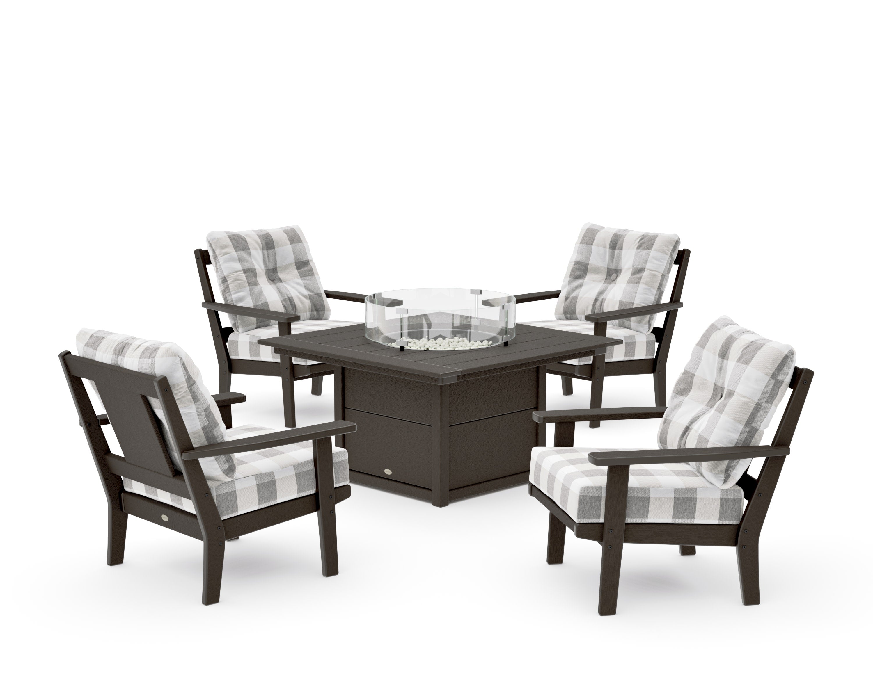 Prairie 5-Piece Deep Seating Set with Fire Pit Table in Vintage Coffee / Buffalo Plaid Grey Mist