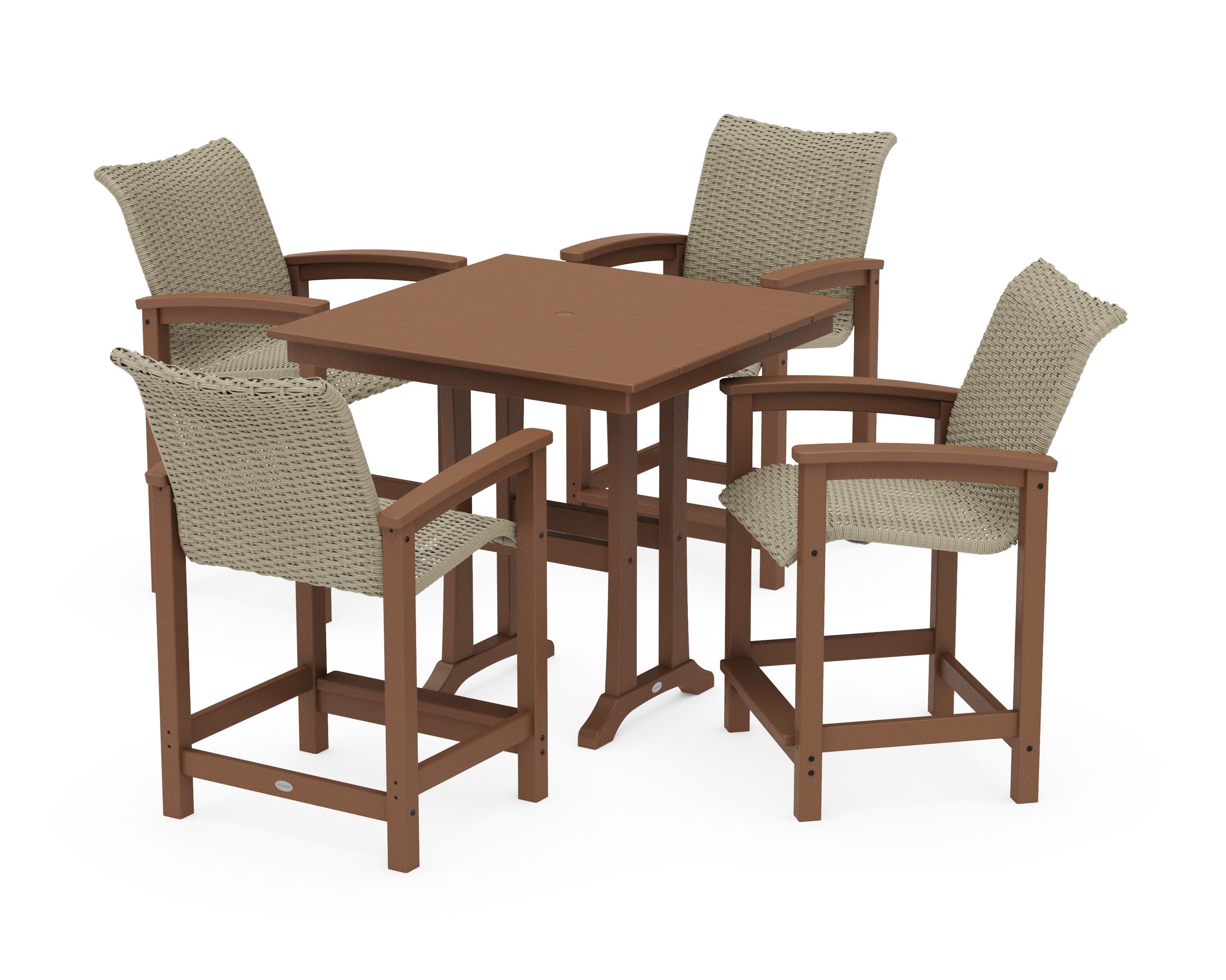 Coastal Woven 5-Piece Farmhouse Counter Set with Trestle Legs in Teak / Dune Grass