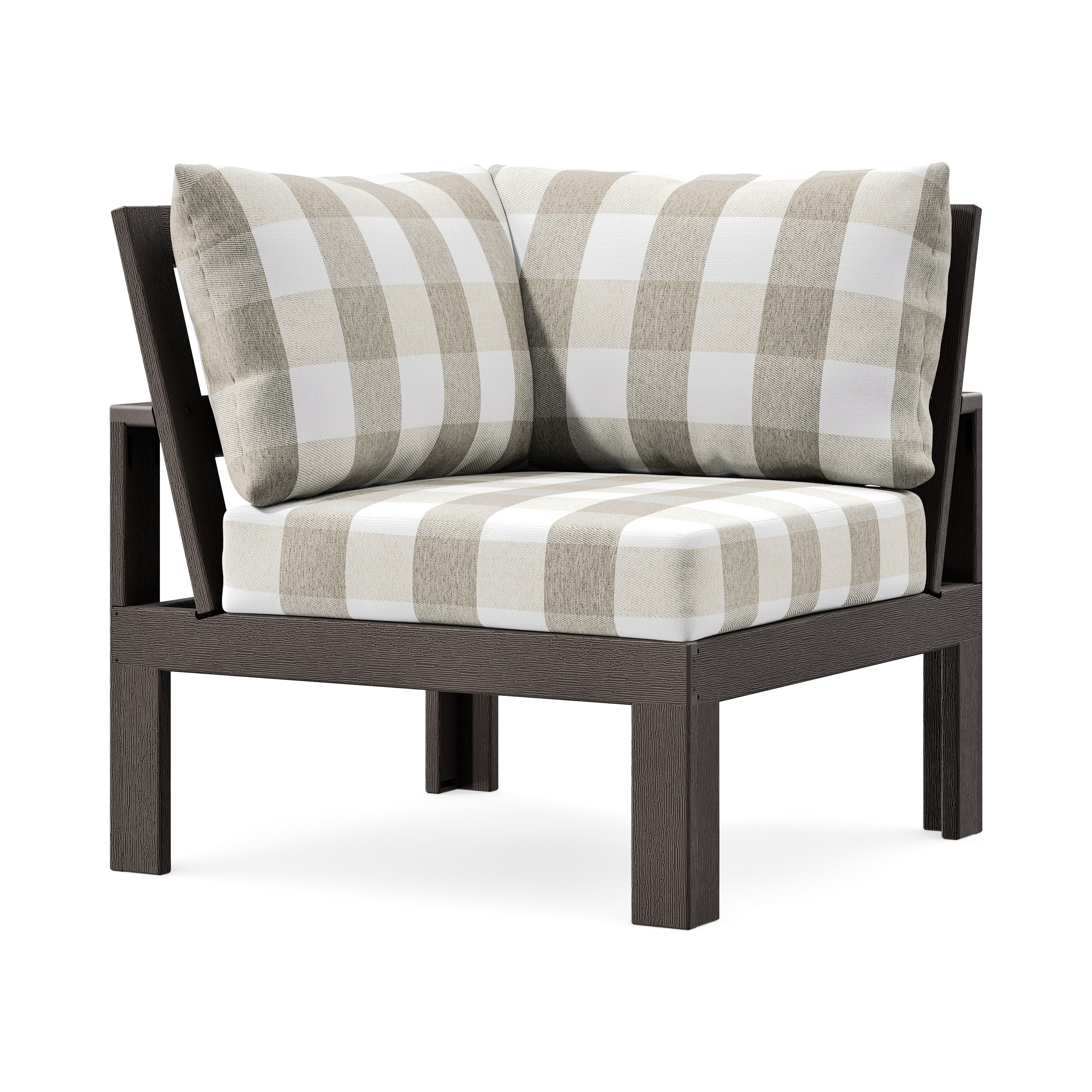 Modular Corner Chair in Vintage Coffee / Buffalo Plaid Dune Burlap