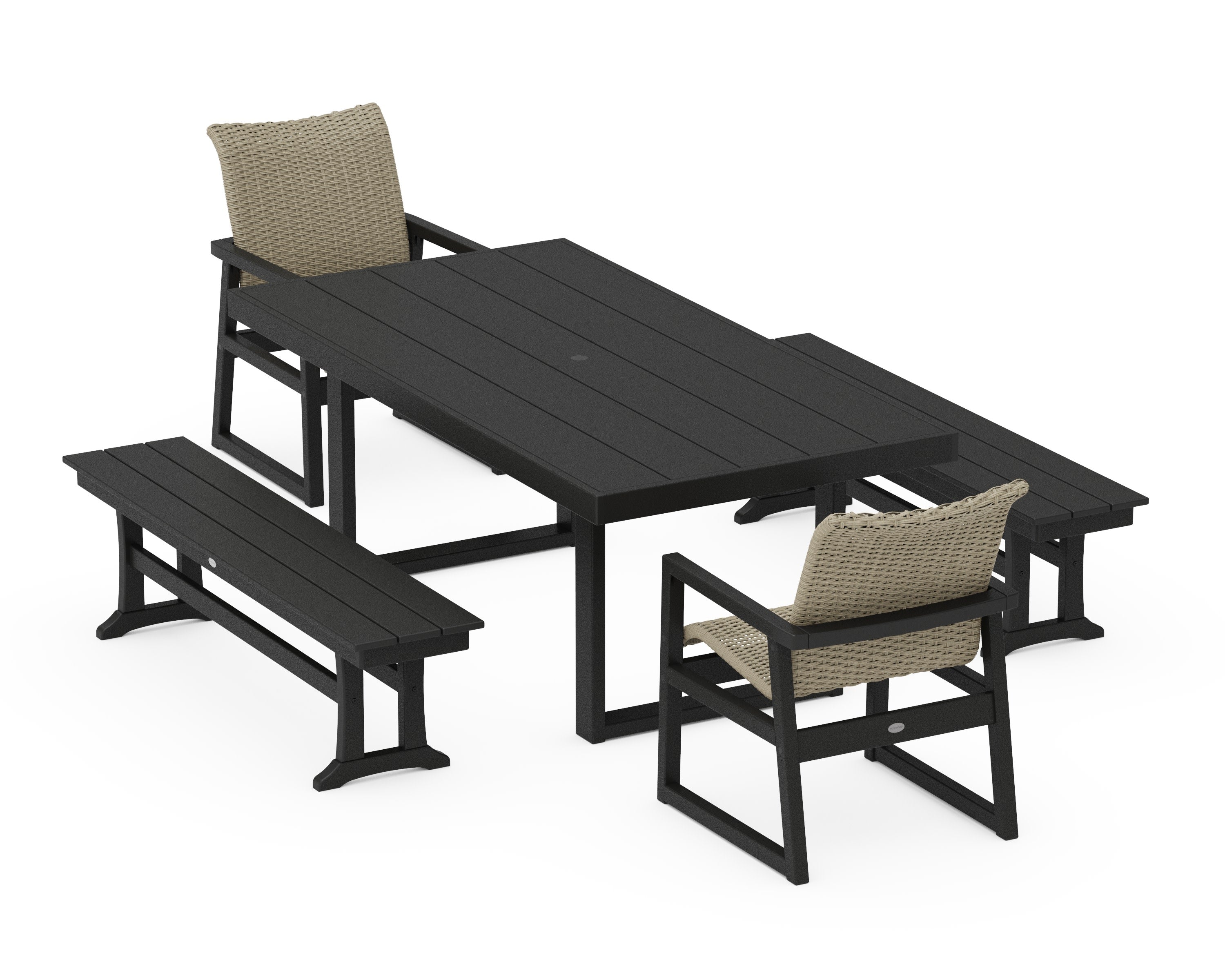 EDGE Woven 5-Piece Dining Set with Benches in Black / Dune Grass