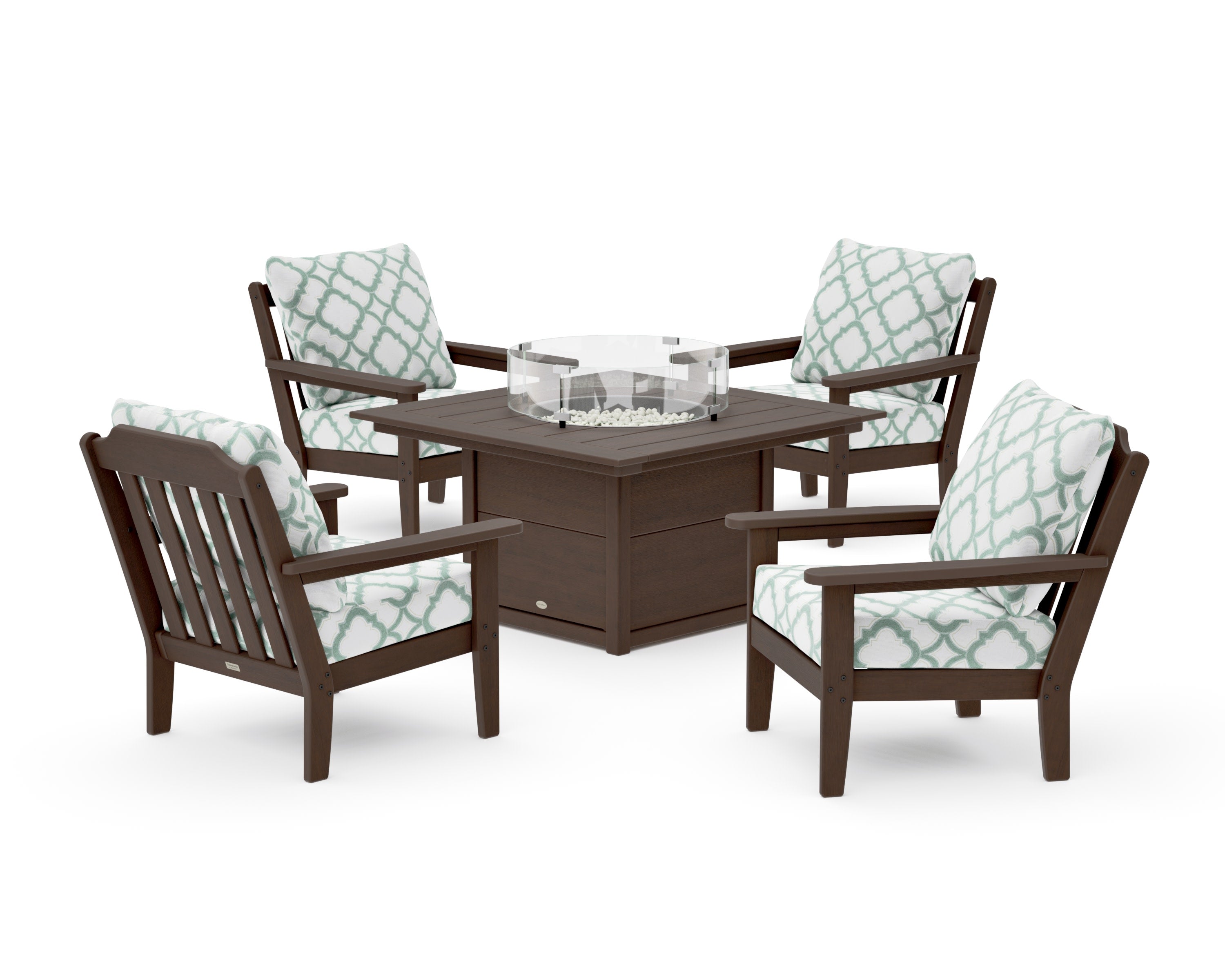 Cottage 5-Piece Deep Seating Set with Fire Pit Table in Kona / Trellis Glacier Spa