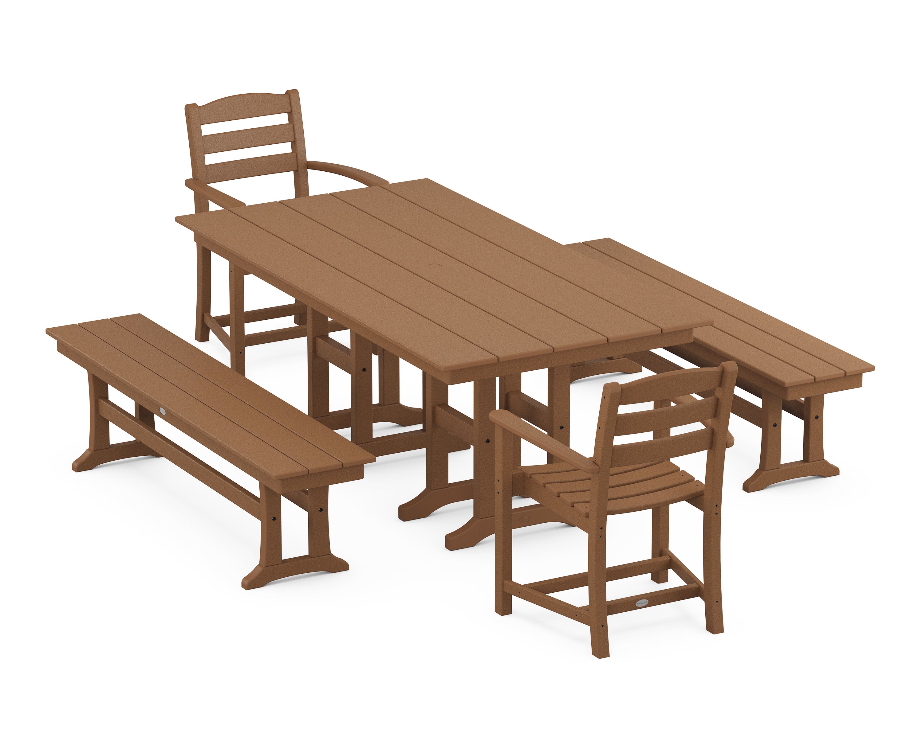 La Casa Caf 5-Piece Farmhouse Dining Set with Benches in Teak