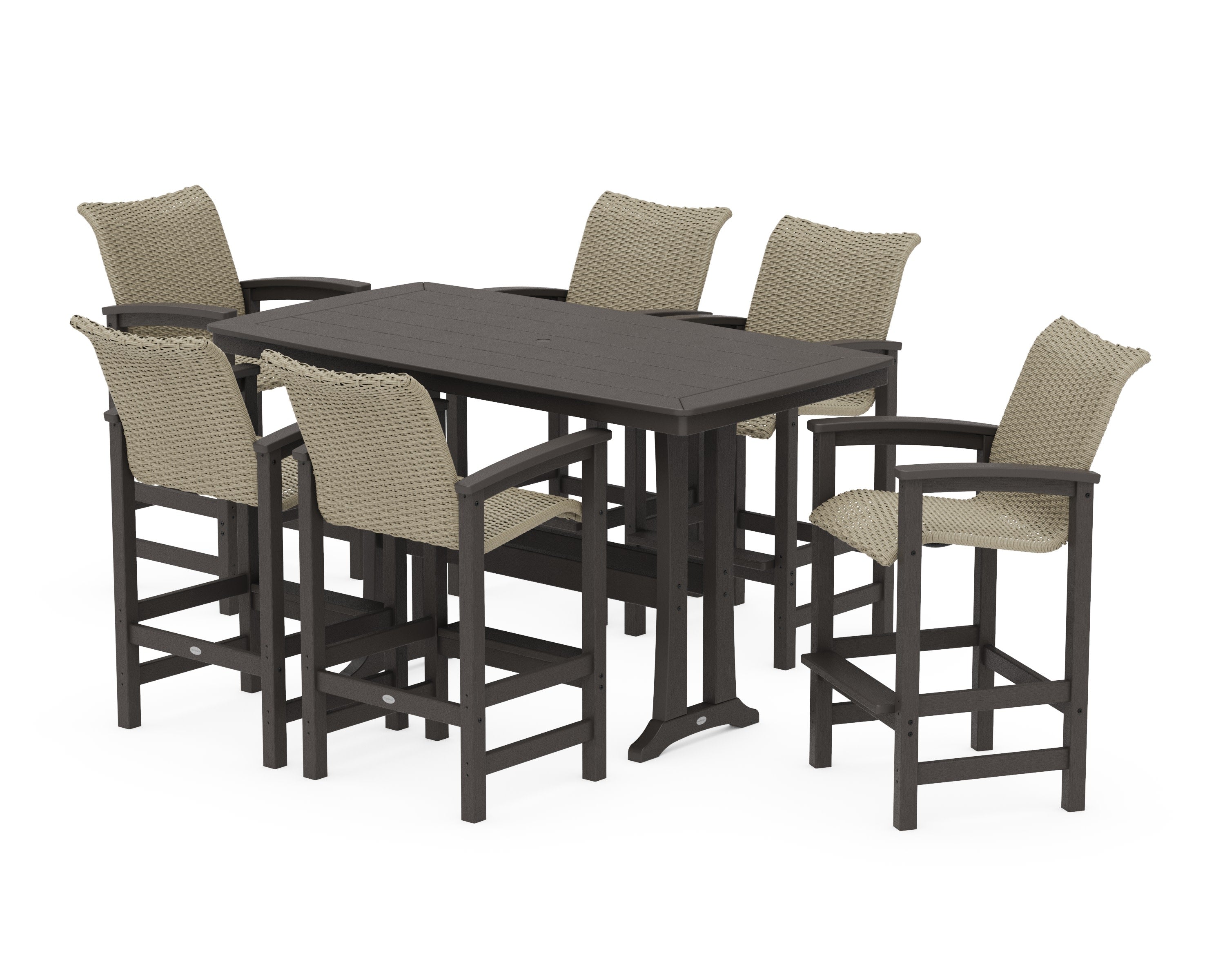 Coastal Woven Arm Chair 7-Piece Bar Set with Trestle Legs in Vintage Coffee / Dune Grass