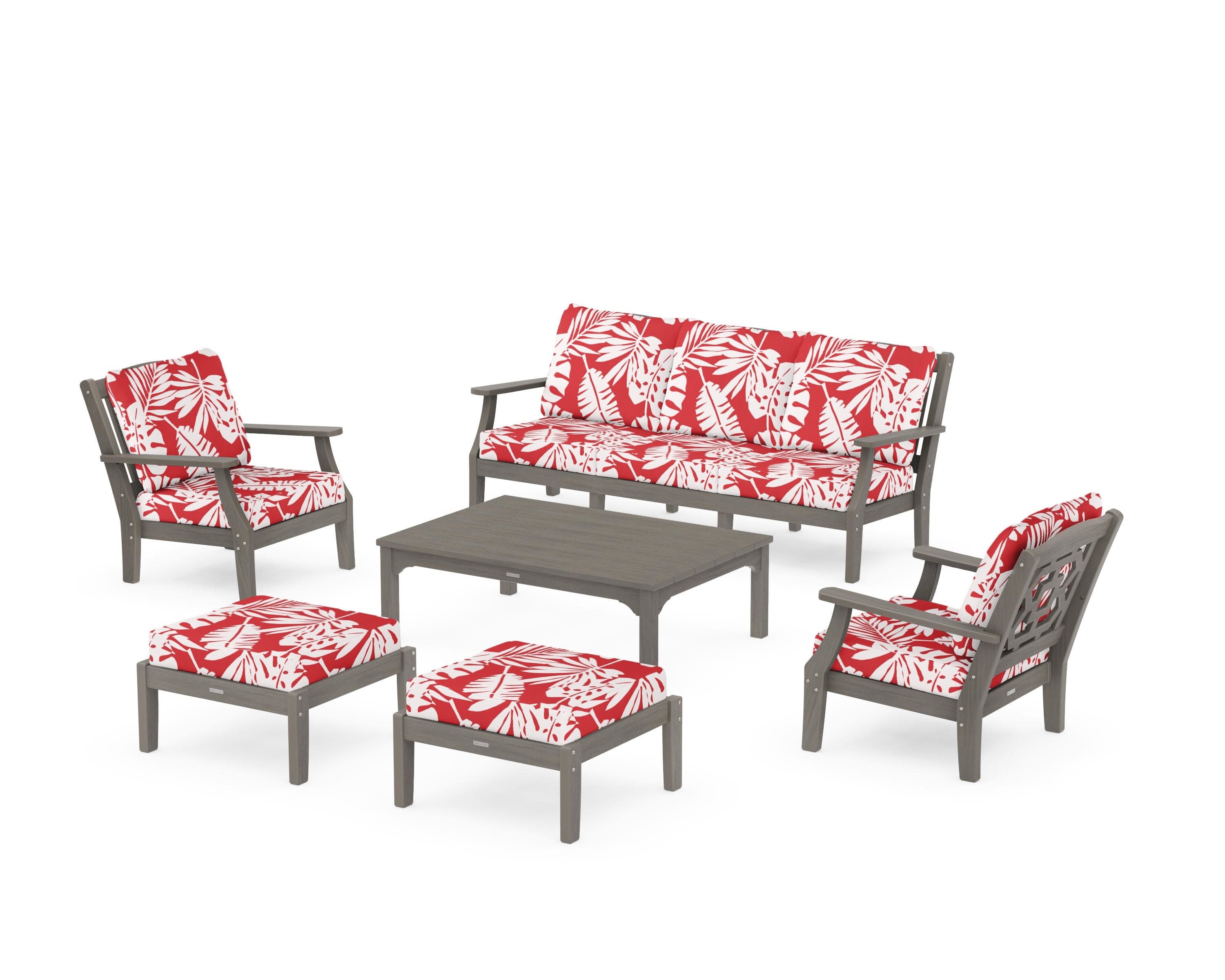 Chinoiserie 6-Piece Lounge Sofa Set in Driftwood / Leaf Crimson