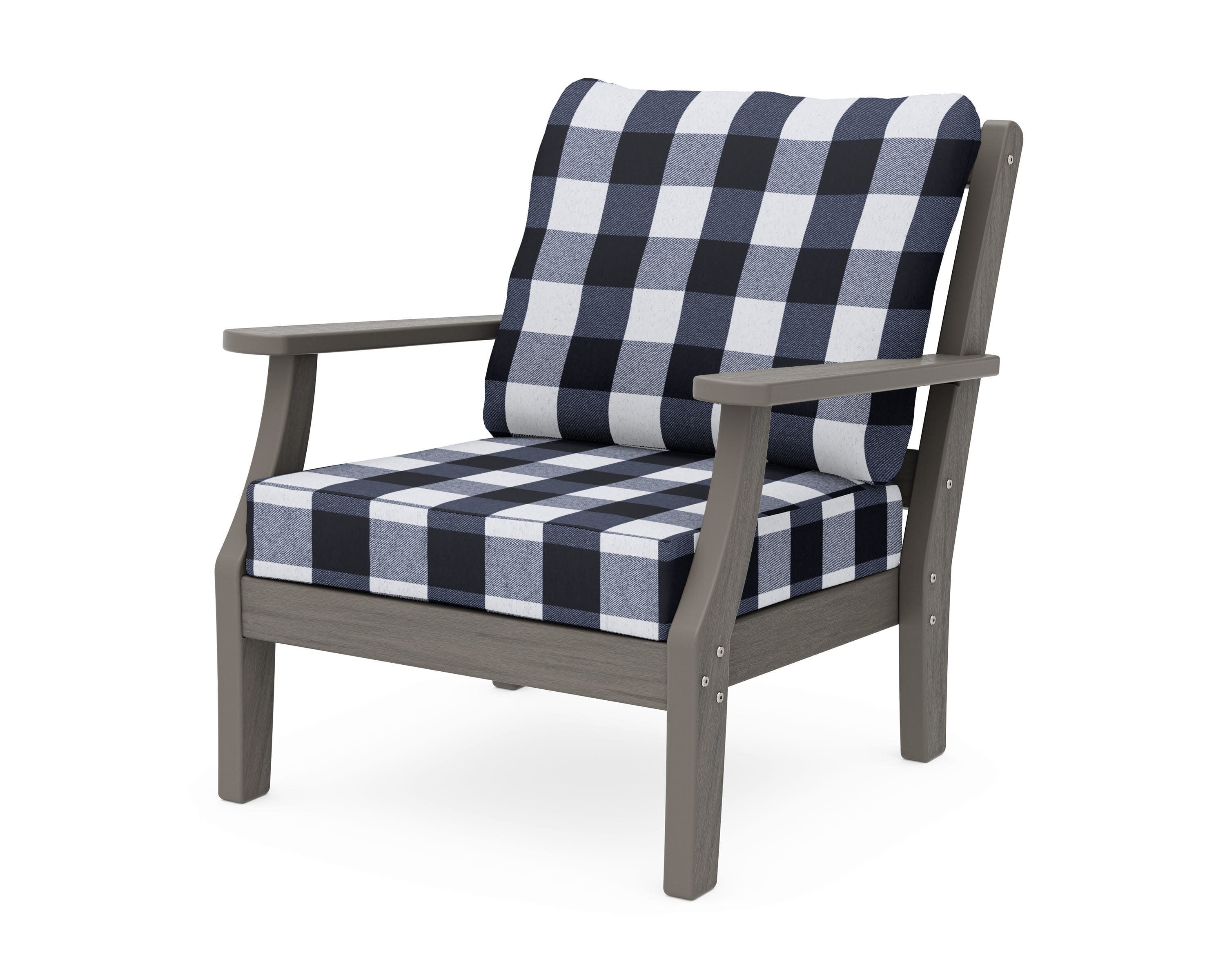 Chinoiserie Deep Seating Chair in Driftwood / Buffalo Plaid Marine Indigo