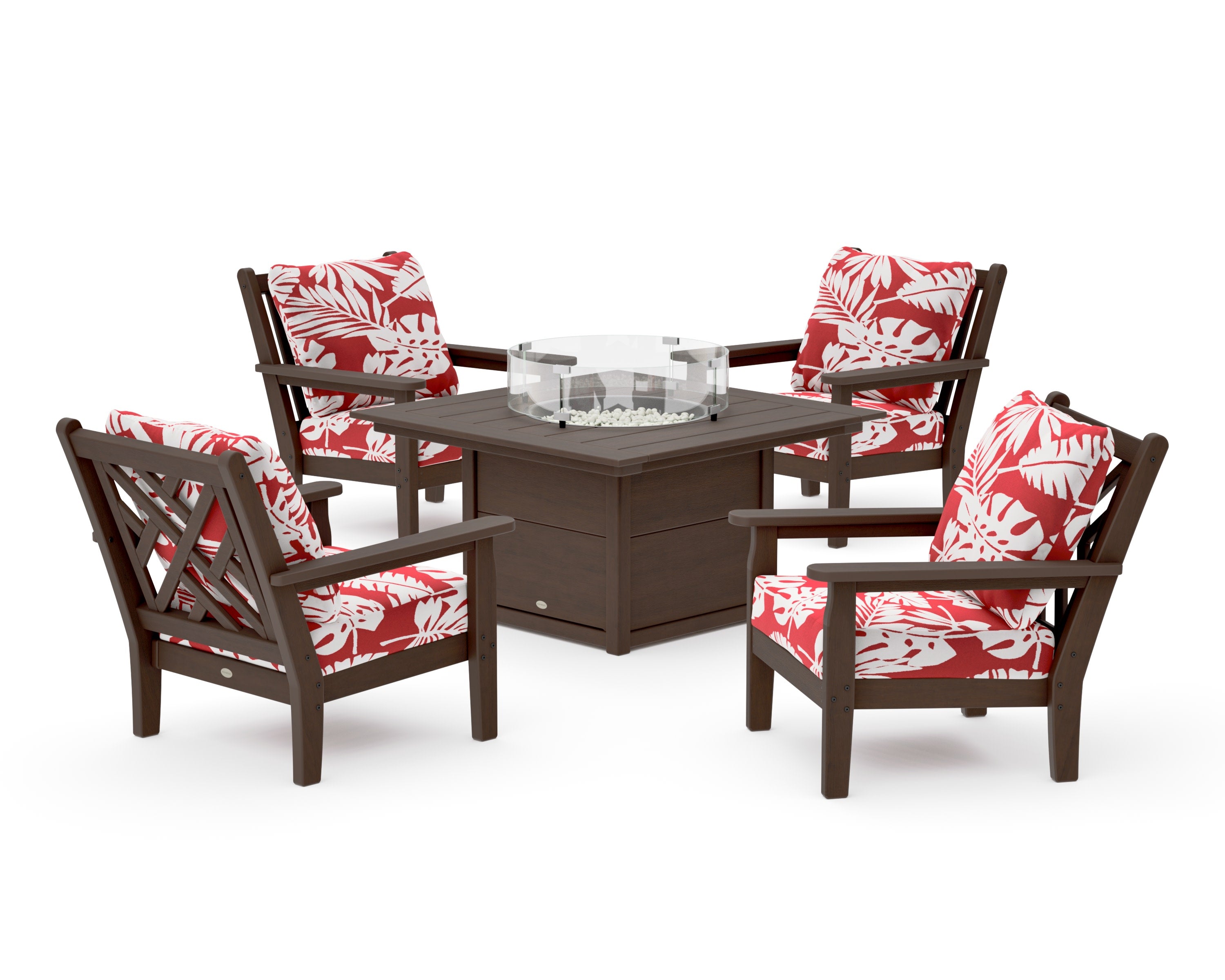 Chippendale 5-Piece Deep Seating Set with Fire Pit Table in Kona / Leaf Crimson