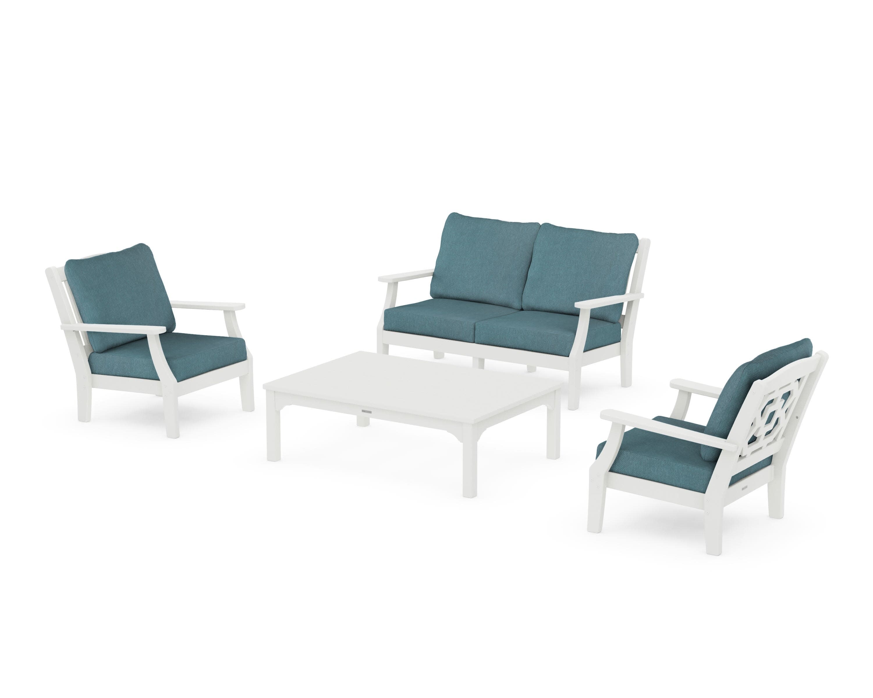 Chinoiserie 4-Piece Deep Seating Set with Loveseat in Vintage White / Ocean Teal