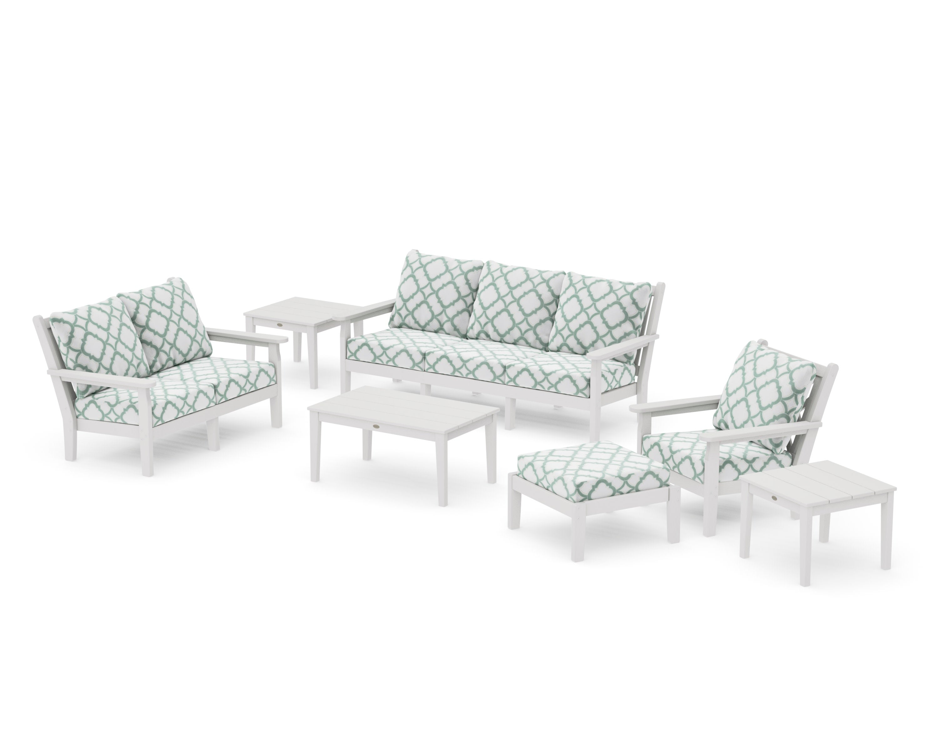 Chippendale 7-Piece Deep Seating Set in Vintage White / Trellis Glacier Spa