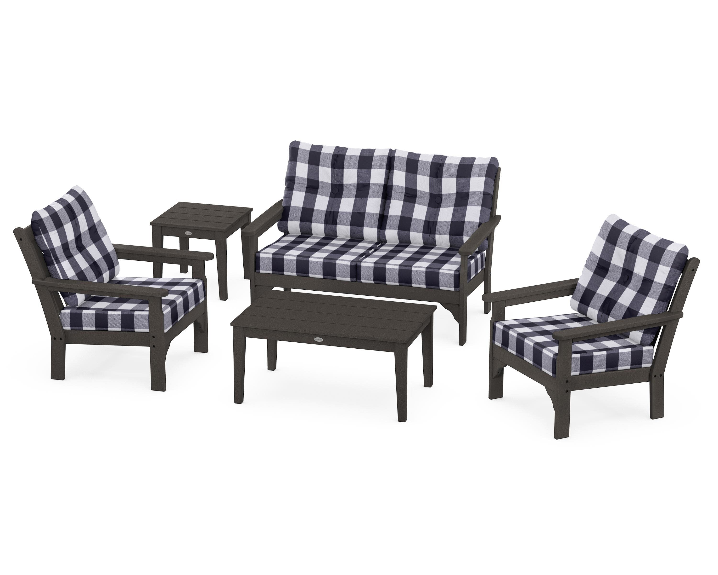 Vineyard 5-Piece Deep Seating Set in Vintage Coffee / Buffalo Plaid Navy