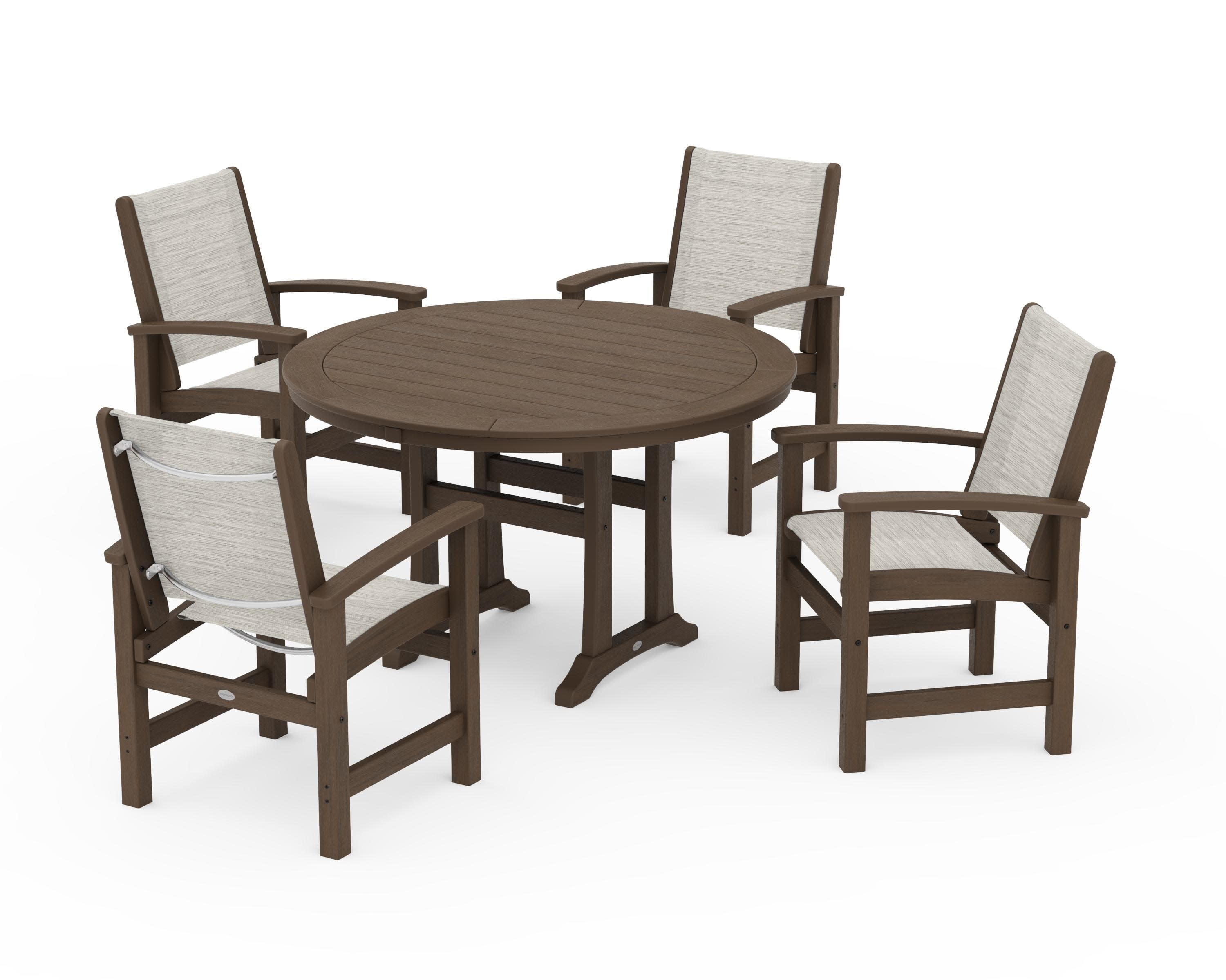 Coastal 5-Piece Round Dining Set with Trestle Legs in Kona / Birch Sling