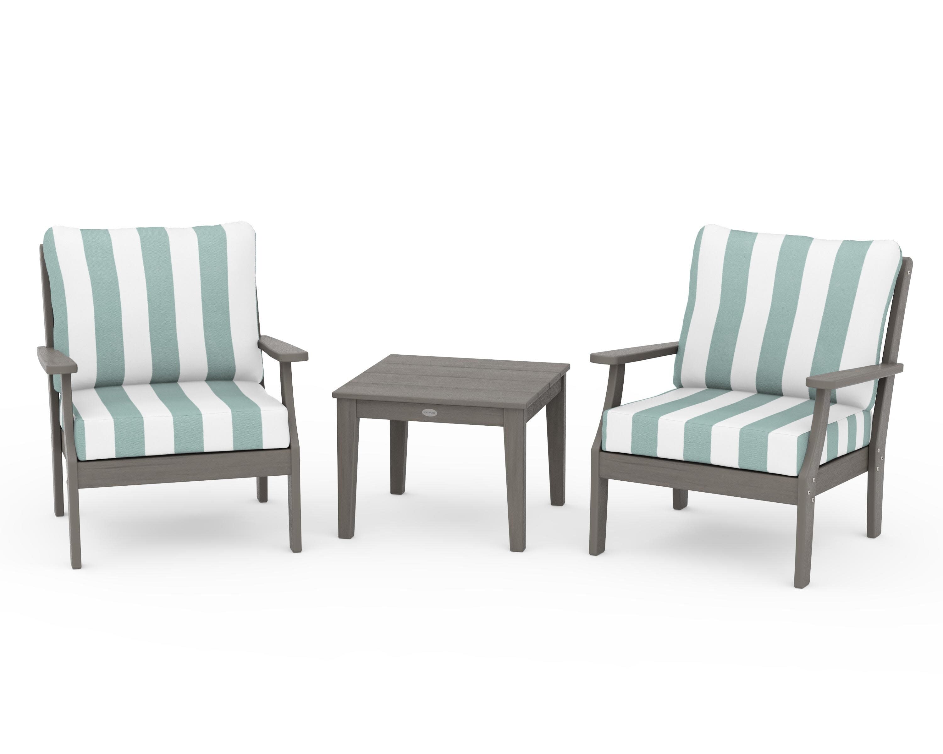 Braxton 3-Piece Deep Seating Set in Driftwood / Cabana Stripe Glacier Spa
