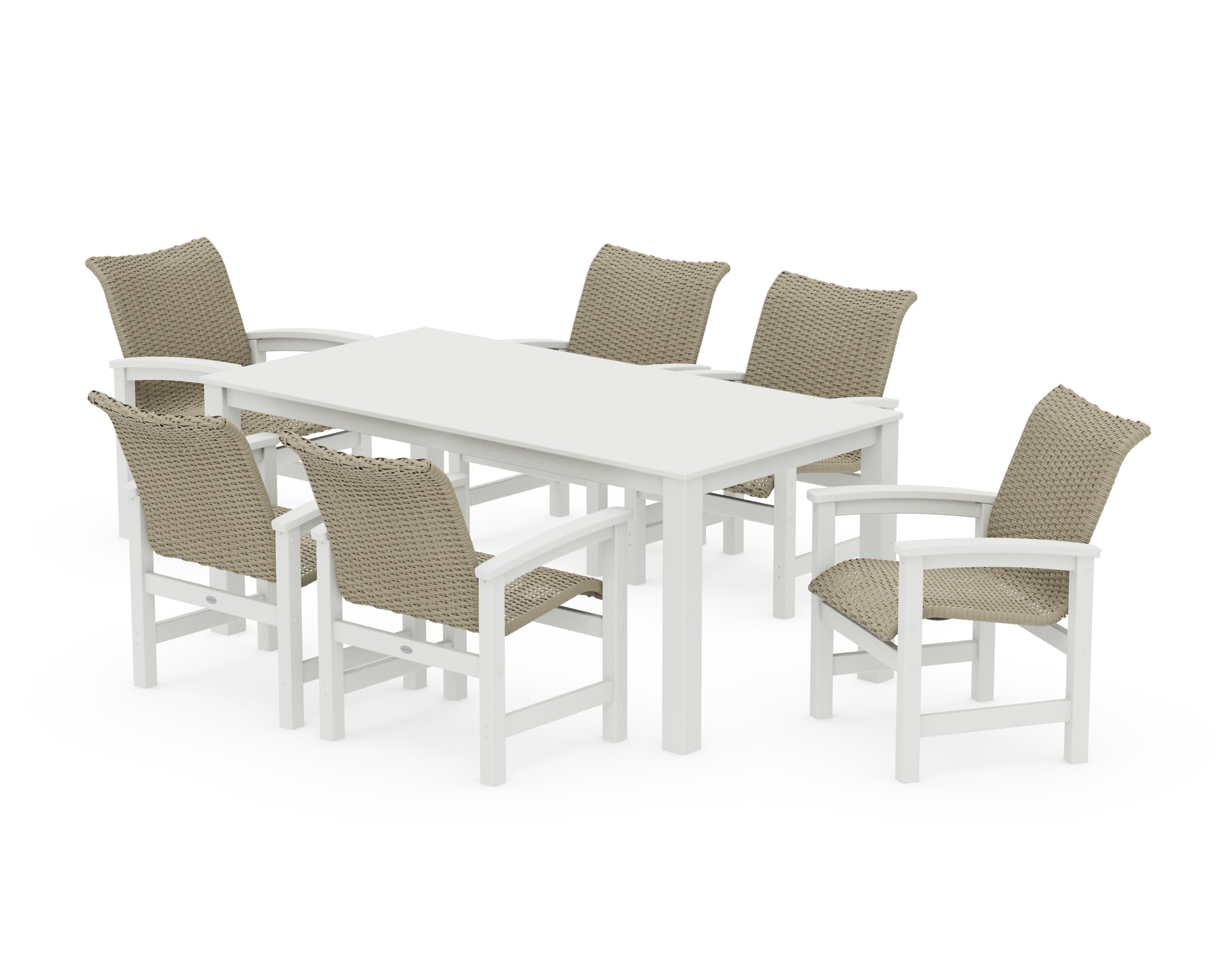 Coastal Woven Arm Chair 7-Piece Parsons Dining Set in White / Dune Grass
