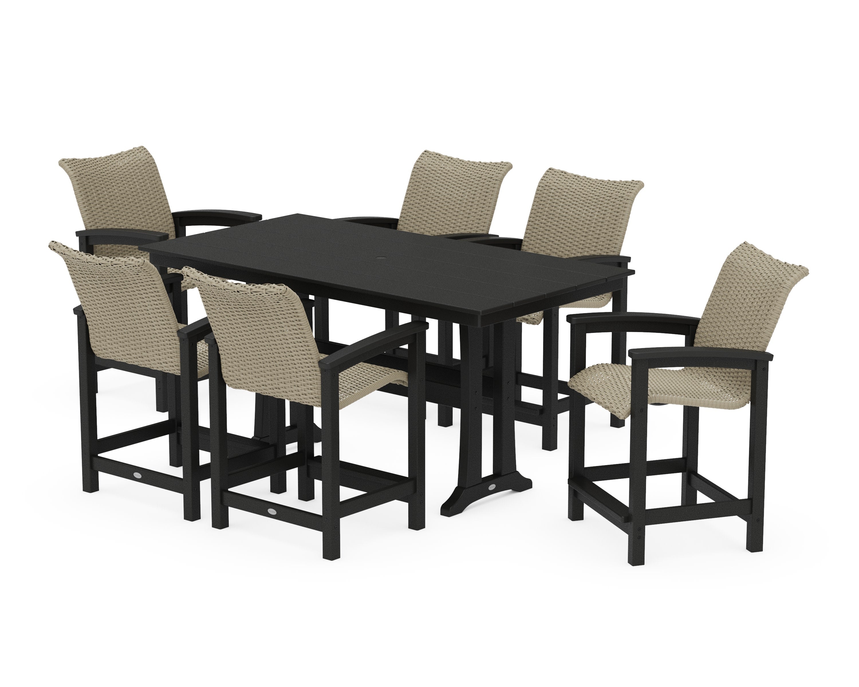 Coastal Woven Arm Chair 7-Piece Farmhouse Counter Set with Trestle Legs in Black / Dune Grass