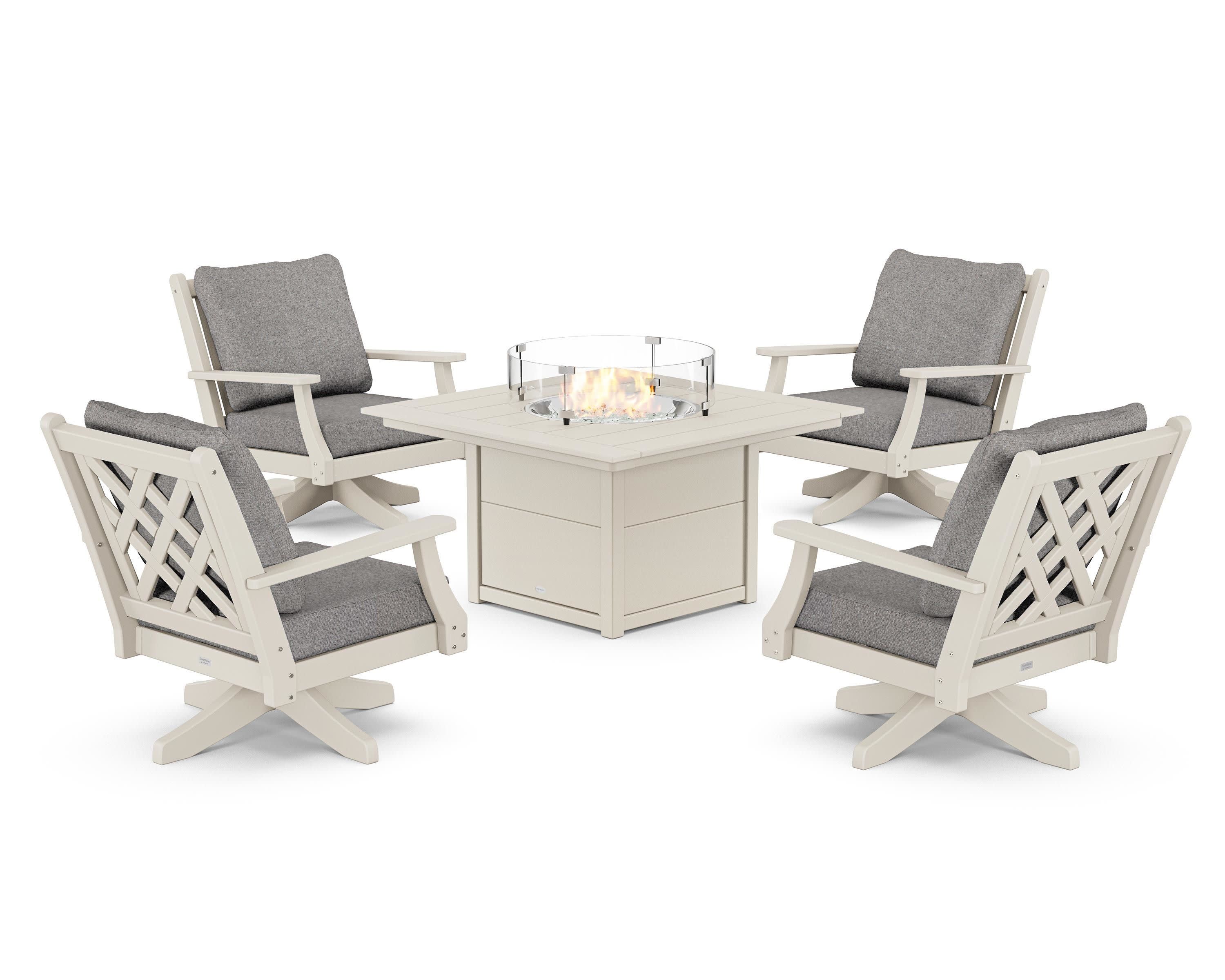 Wovendale 5-Piece Deep Seating Swivel Conversation Set with Fire Pit Table in Sand / Grey Mist