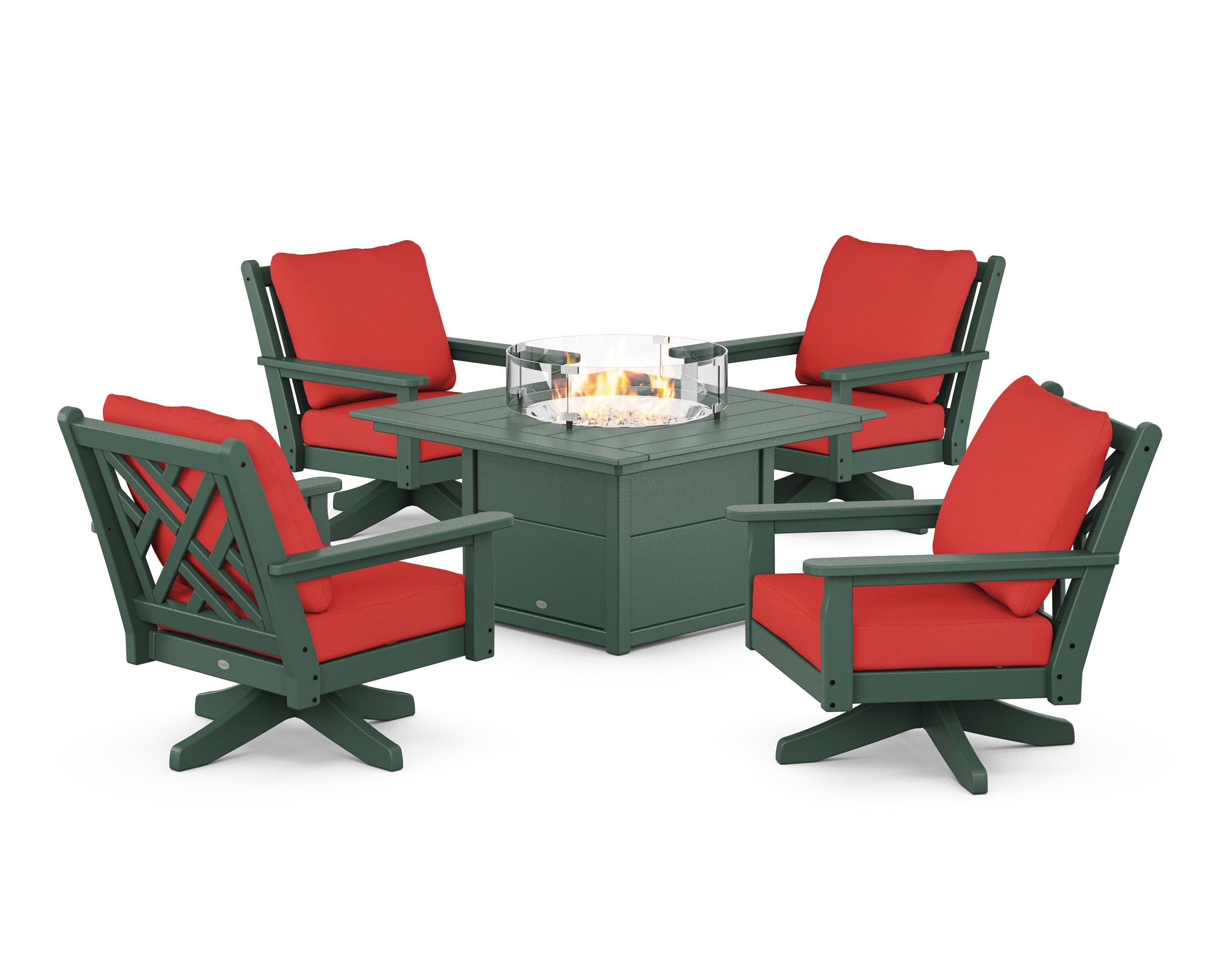 Chippendale 5-Piece Deep Seating Swivel Conversation Set with Fire Pit Table in Green / Crimson Linen
