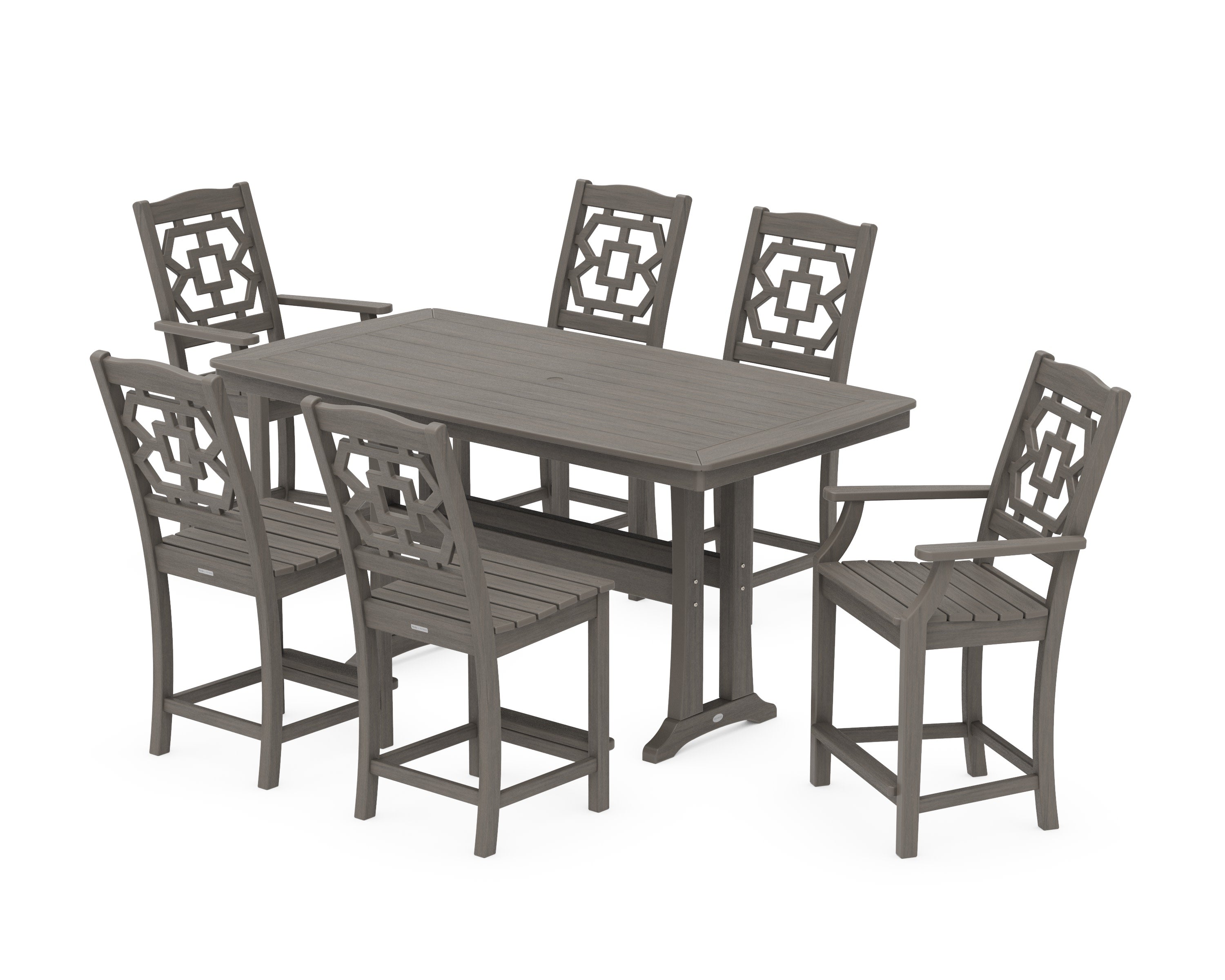 Chinoiserie 7-Piece Counter Set with Trestle Legs in Driftwood