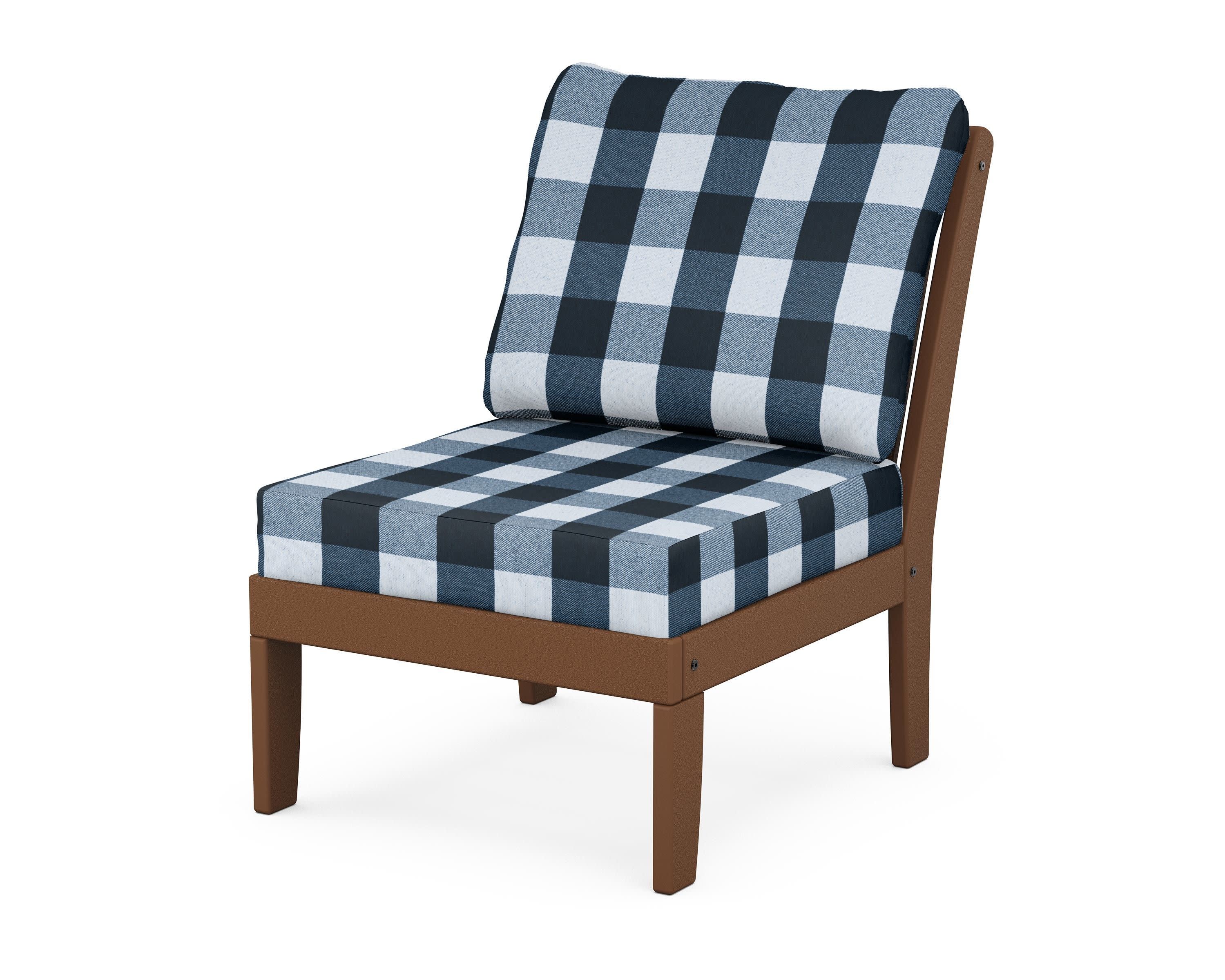 Braxton Modular Armless Chair in Teak / Buffalo Plaid Marine Indigo