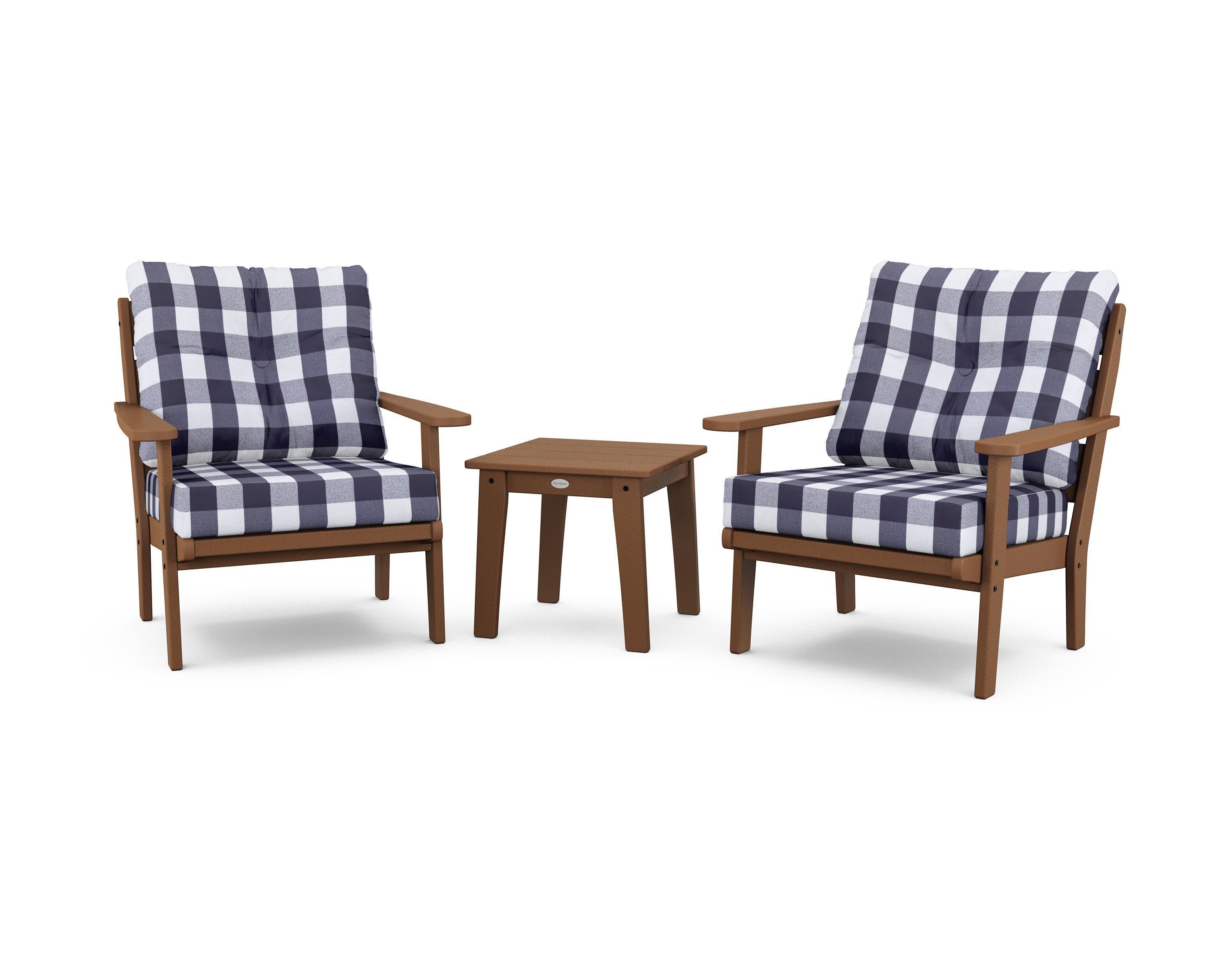 Lakeside 3-Piece Deep Seating Chair Set in Teak / Buffalo Plaid Navy