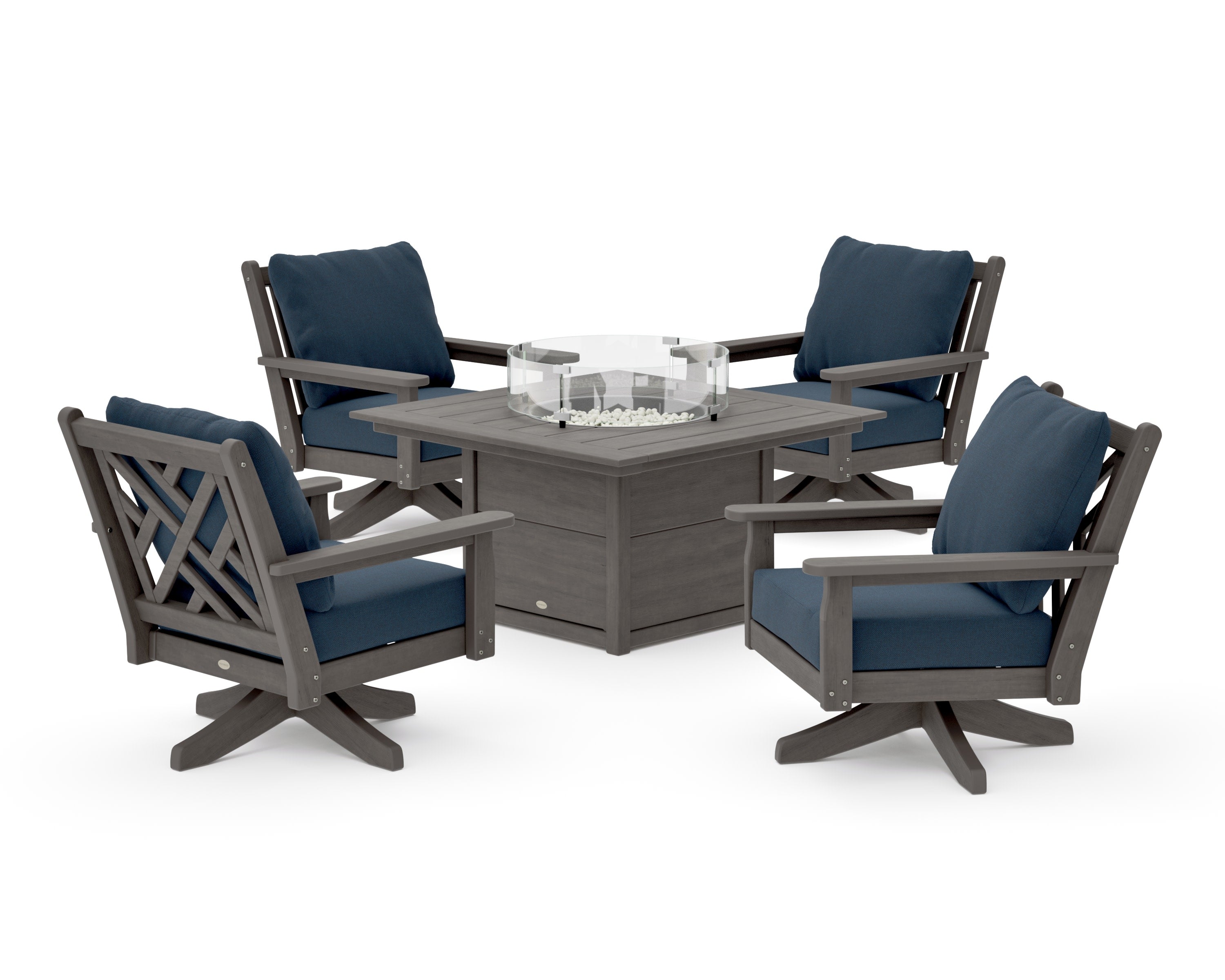 Chippendale 5-Piece Deep Seating Swivel Conversation Set with Fire Pit Table in Driftwood / Marine Indigo