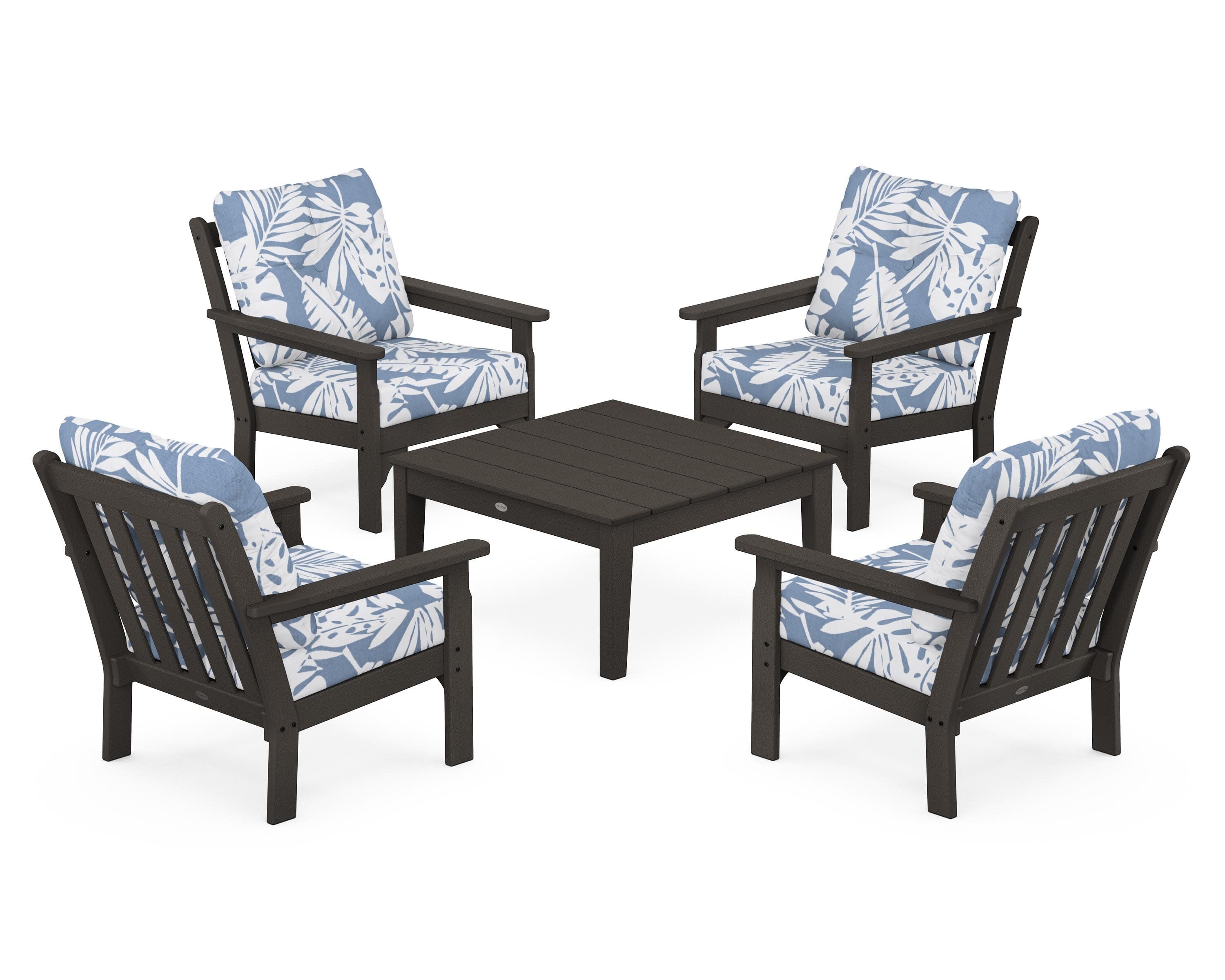 Vineyard 5-Piece Deep Seating Conversation Set in Vintage Coffee / Leaf Sky Blue