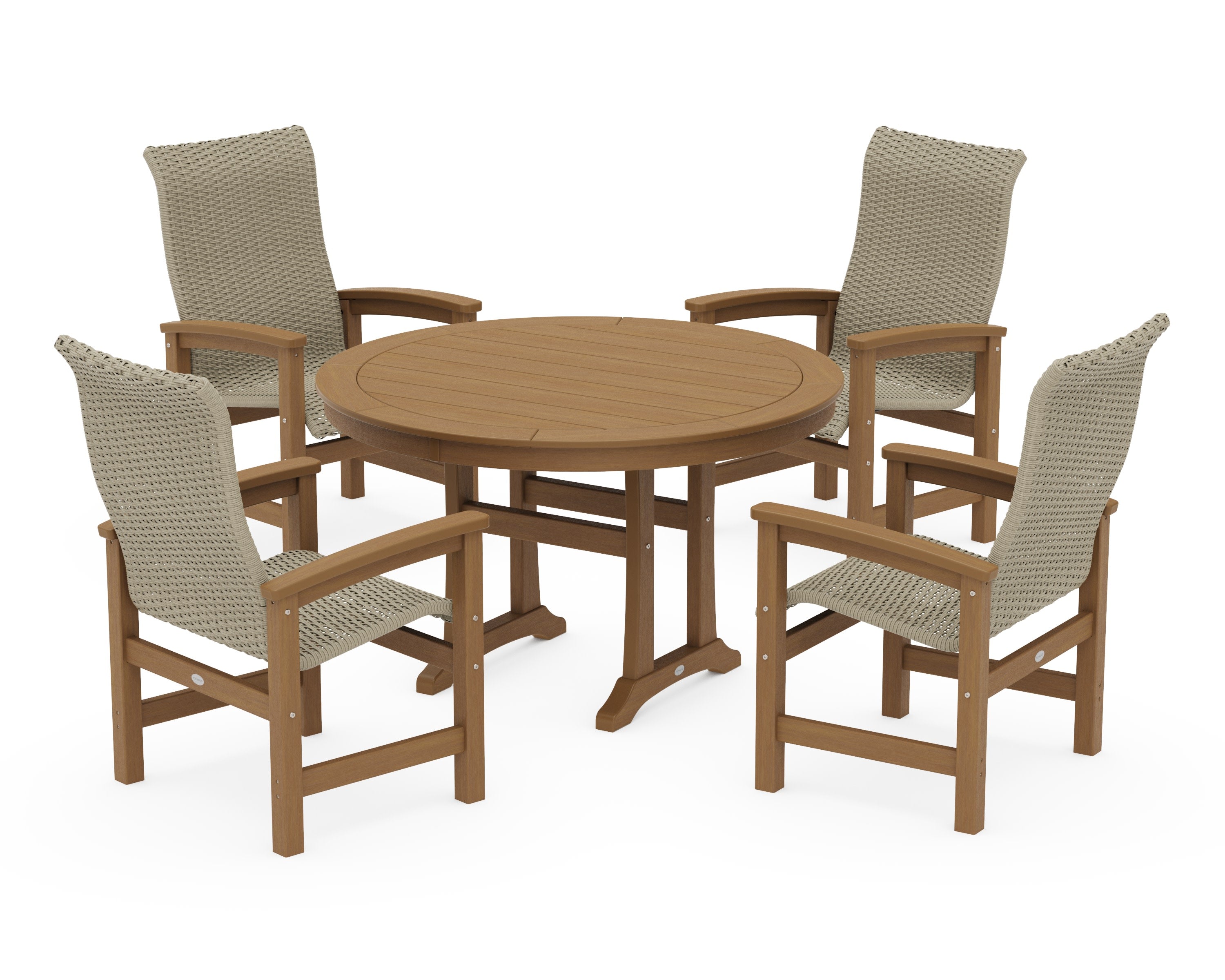 Coastal Woven High-Back 5-Piece Round Dining Set with Trestle Legs in Natural / Dune Grass