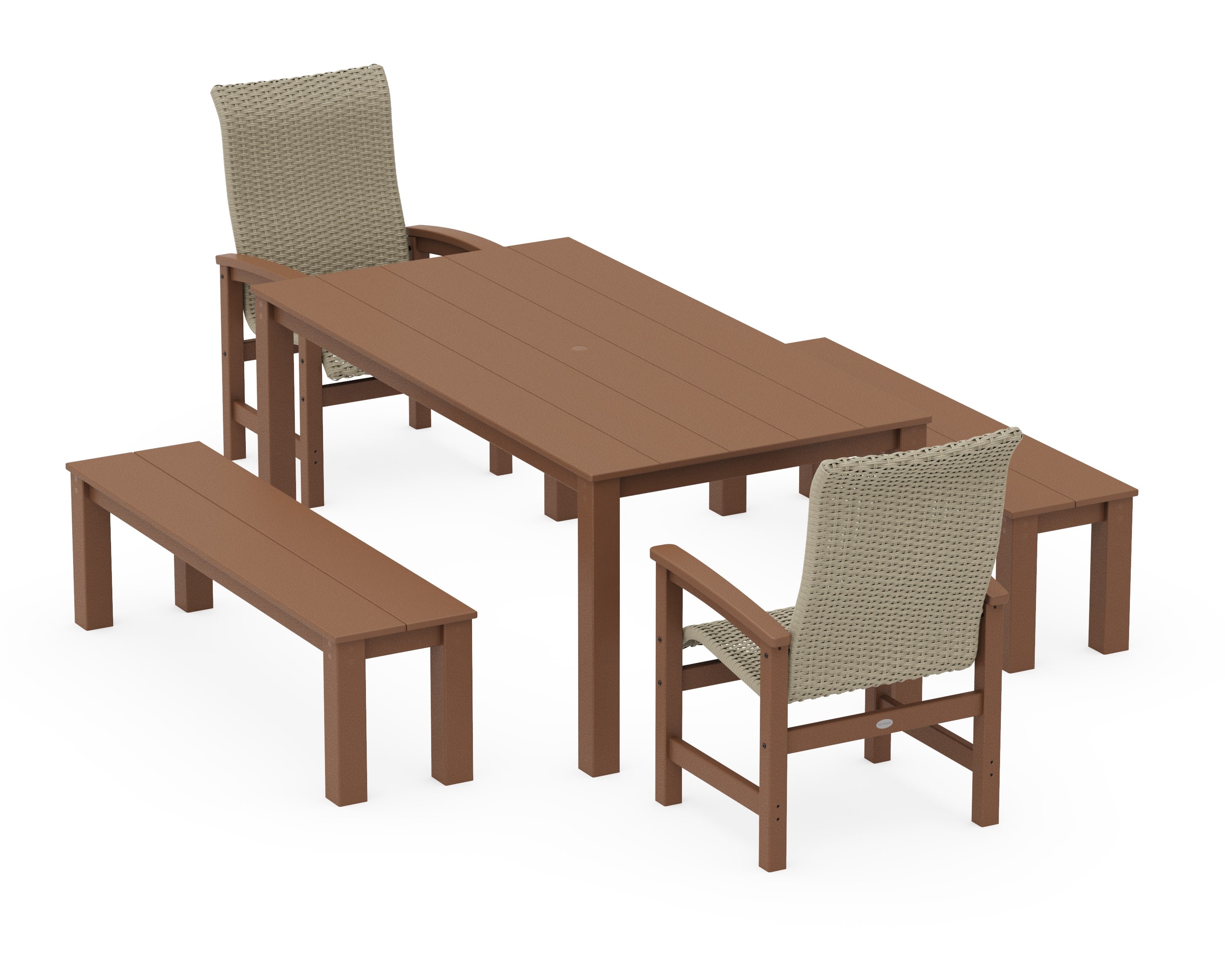 Coastal Woven High-Back 5-Piece Parsons Dining Set with Benches in Teak / Dune Grass