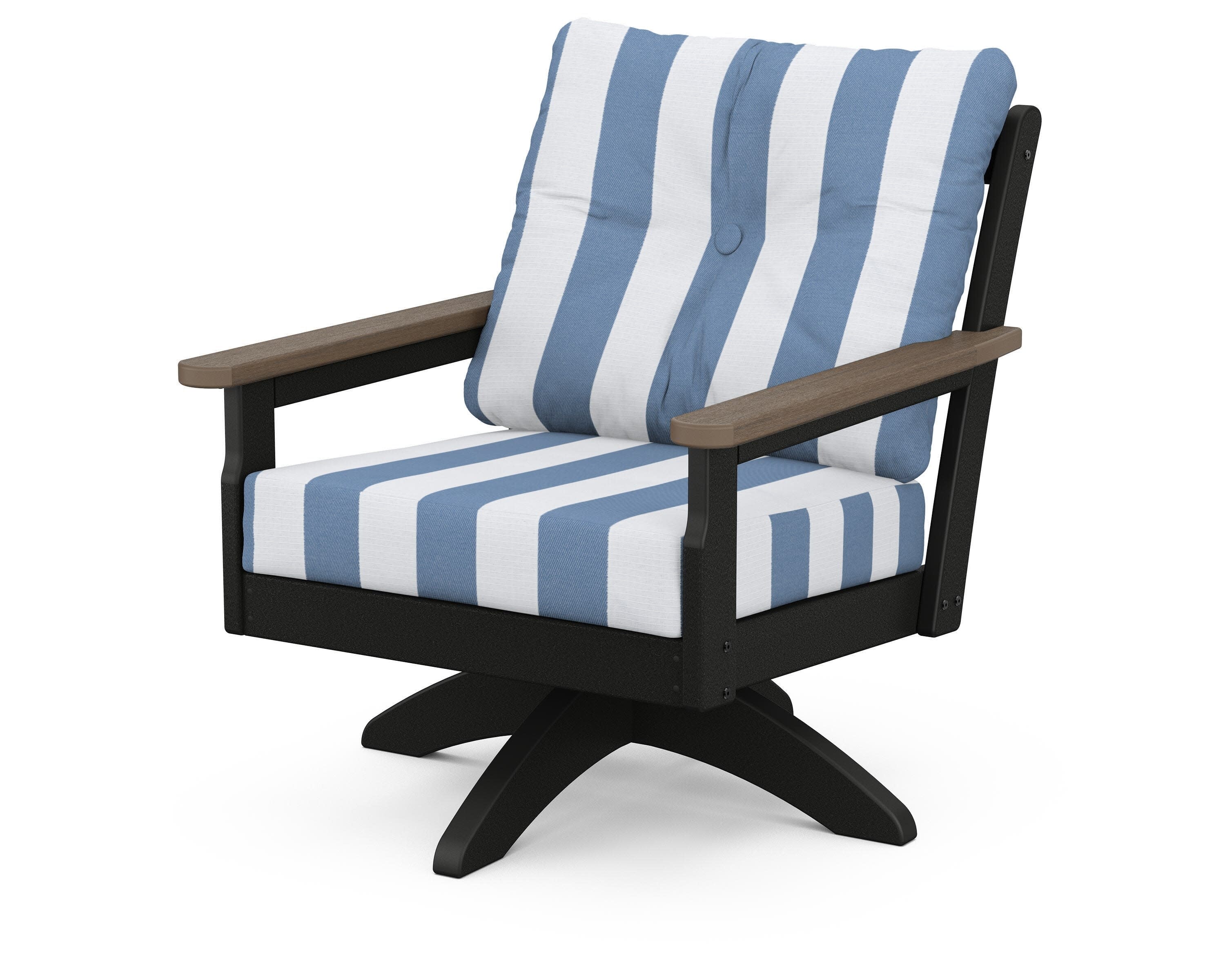 Vineyard Deep Seating Swivel Chair in Black / Kona / Cabana Stripe Sky Blue