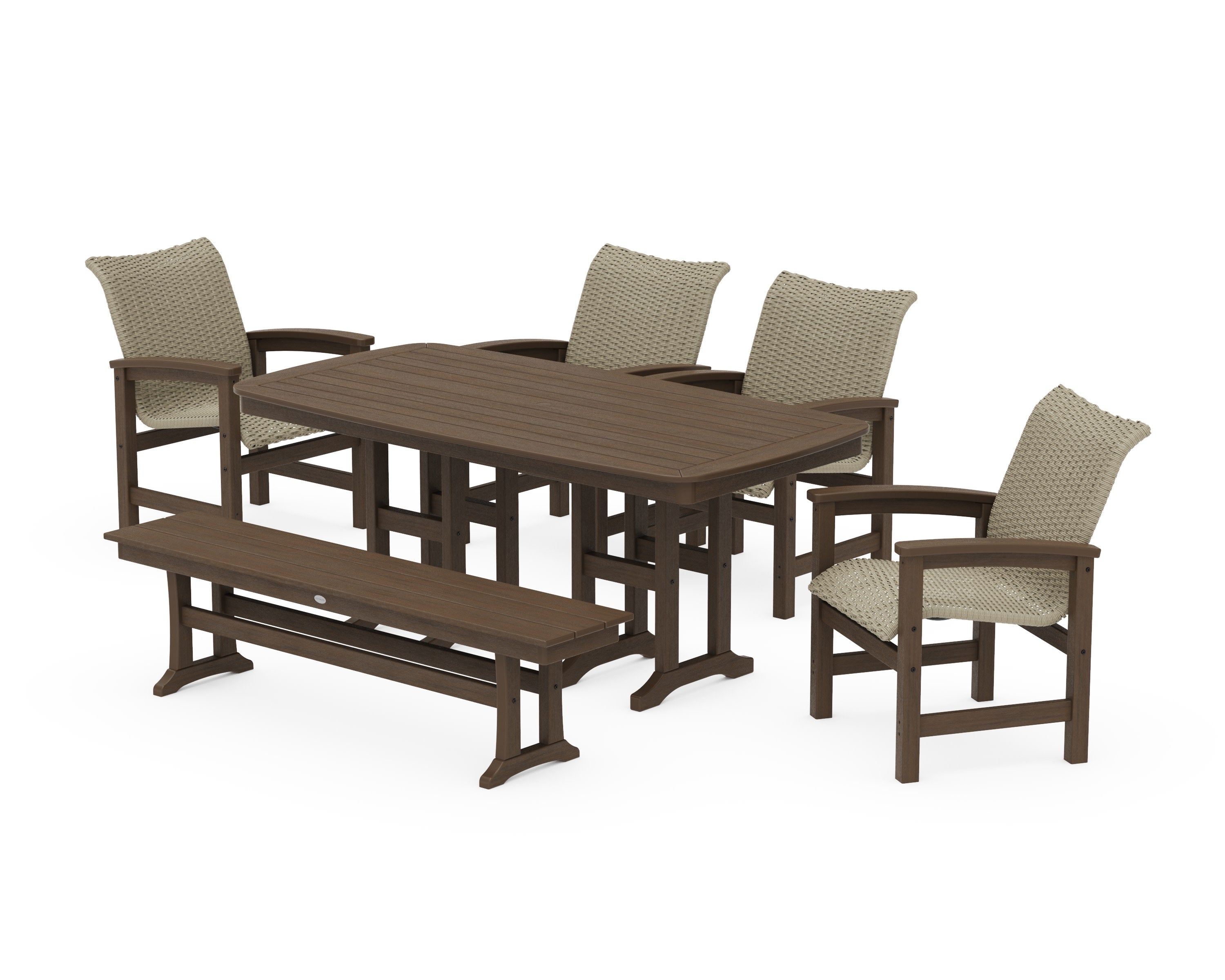 Coastal Woven 6-Piece Farmhouse Dining Set with Bench in Kona / Dune Grass