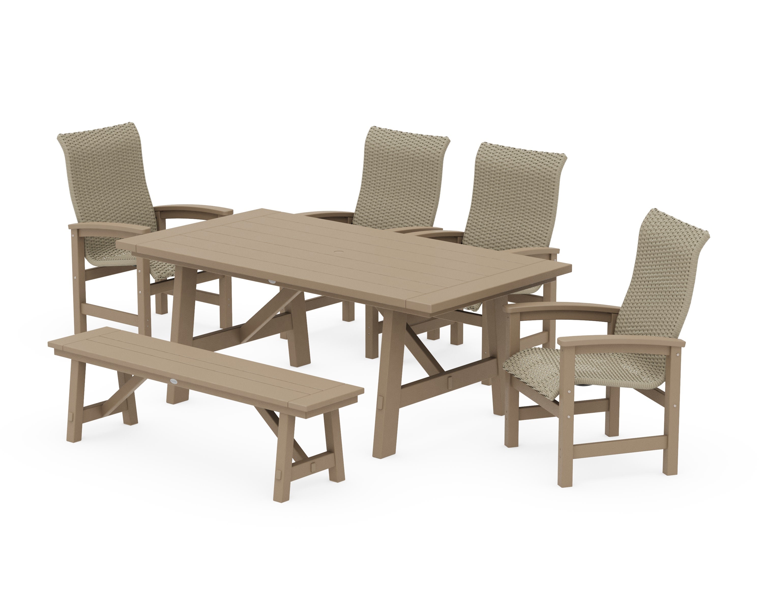Coastal Woven High-Back 6-Piece Rustic Farmhouse Dining Set with Bench in Vintage Sahara / Dune Grass