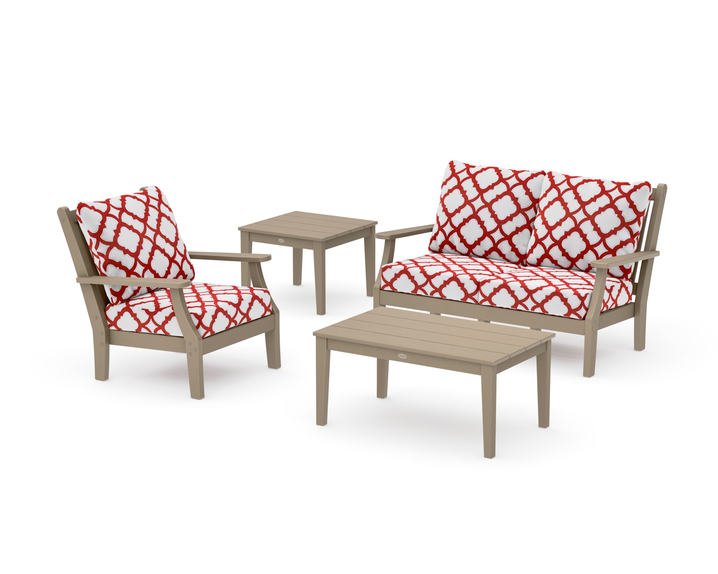 Wovendale 4-Piece Deep Seating Set in Vintage Sahara / Trellis Crimson