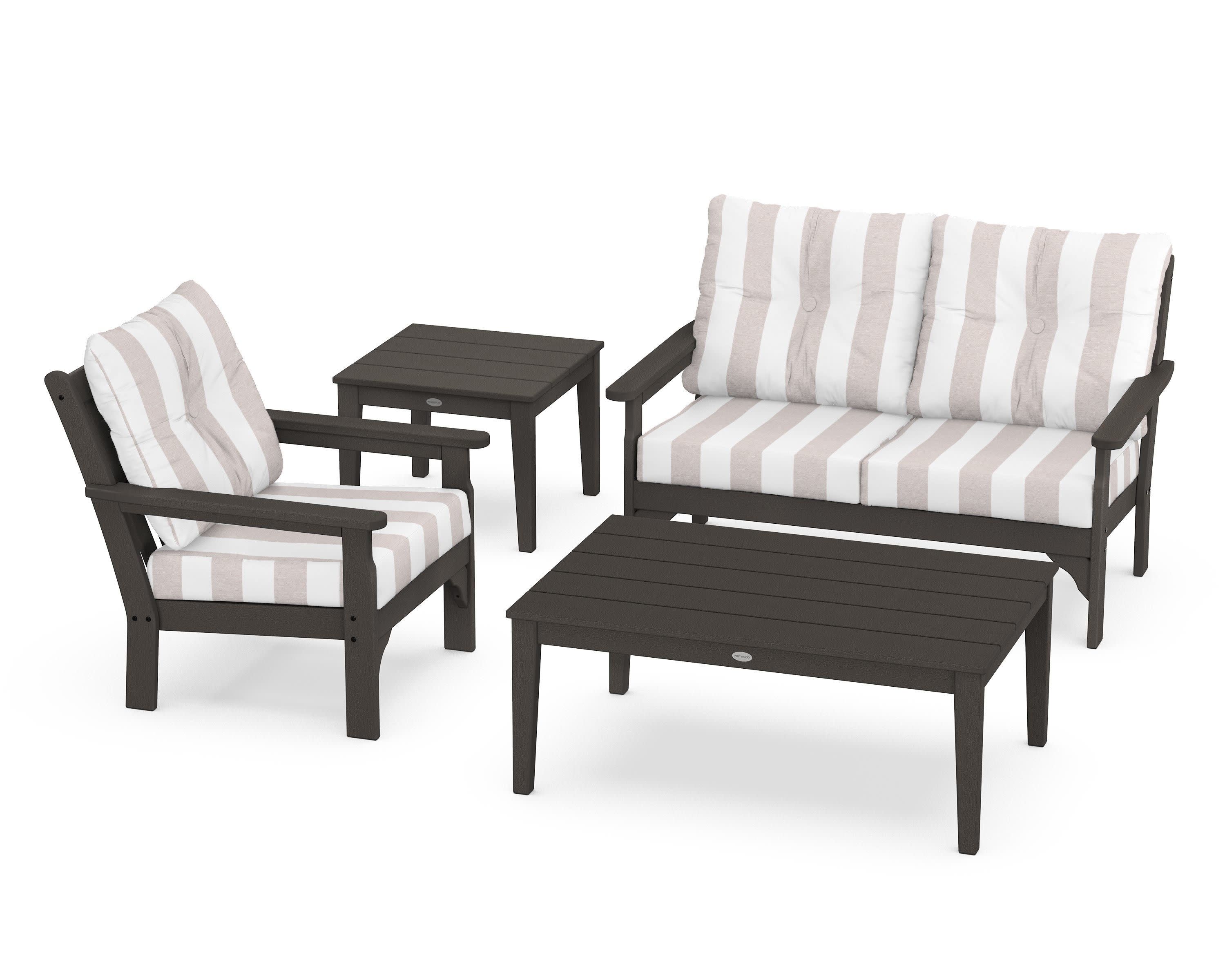Vineyard 4-Piece Deep Seating Set in Vintage Coffee / Cabana Stripe Dune Burlap