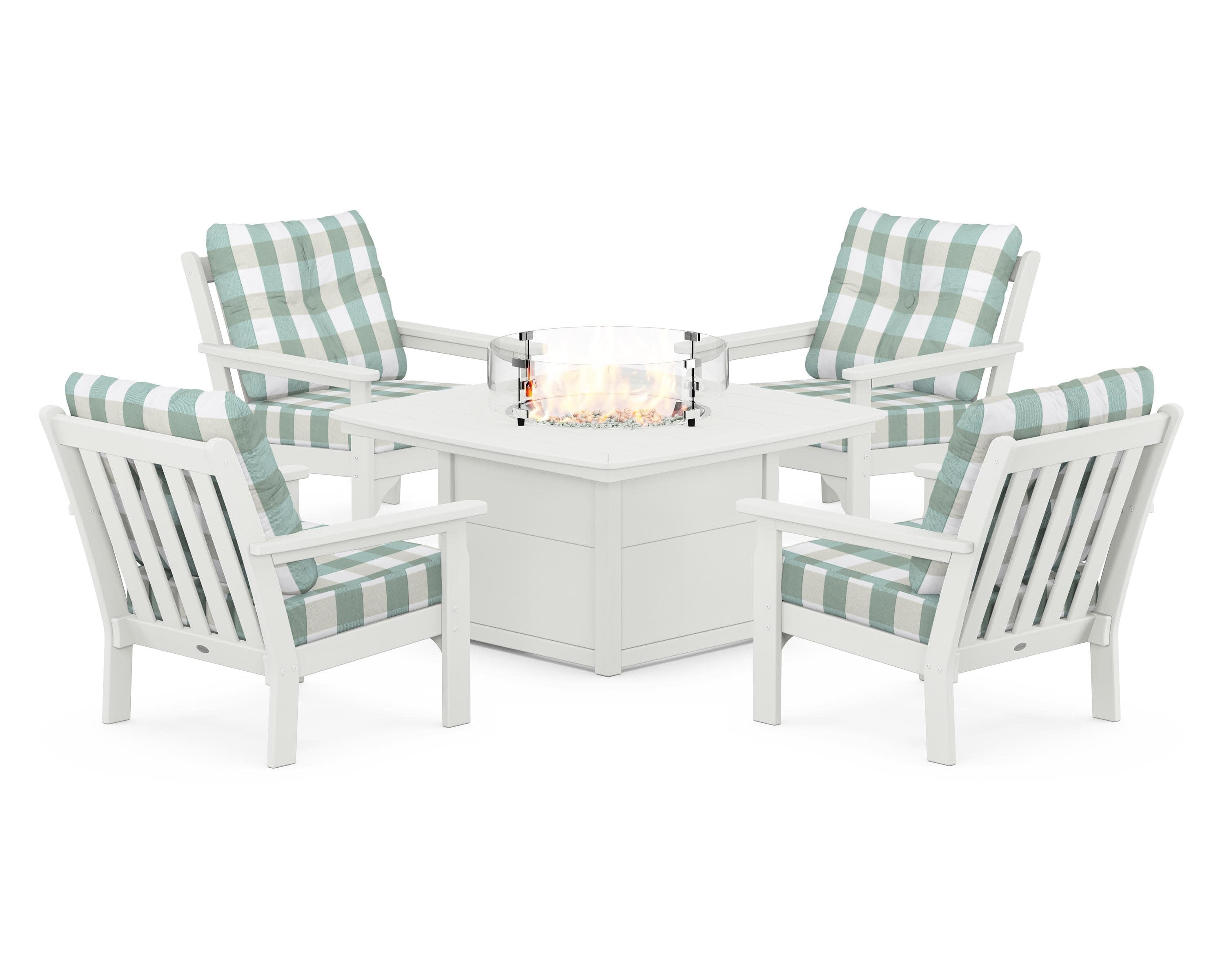 Vineyard 5-Piece Conversation Set with Fire Pit Table in Vintage White / Buffalo Plaid Glacier Spa