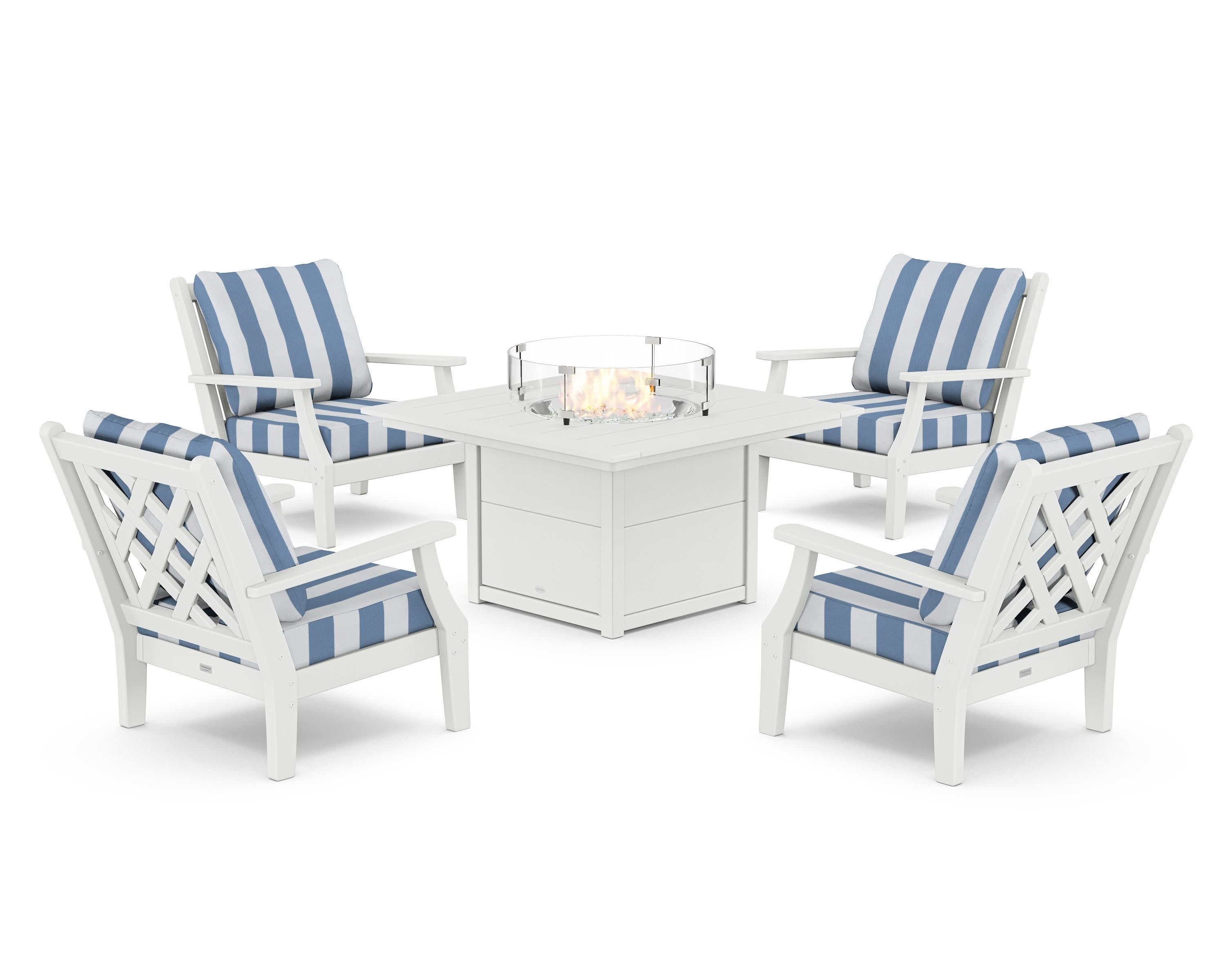 Wovendale 5-Piece Deep Seating Set with Fire Pit Table in White / Cabana Stripe Sky Blue