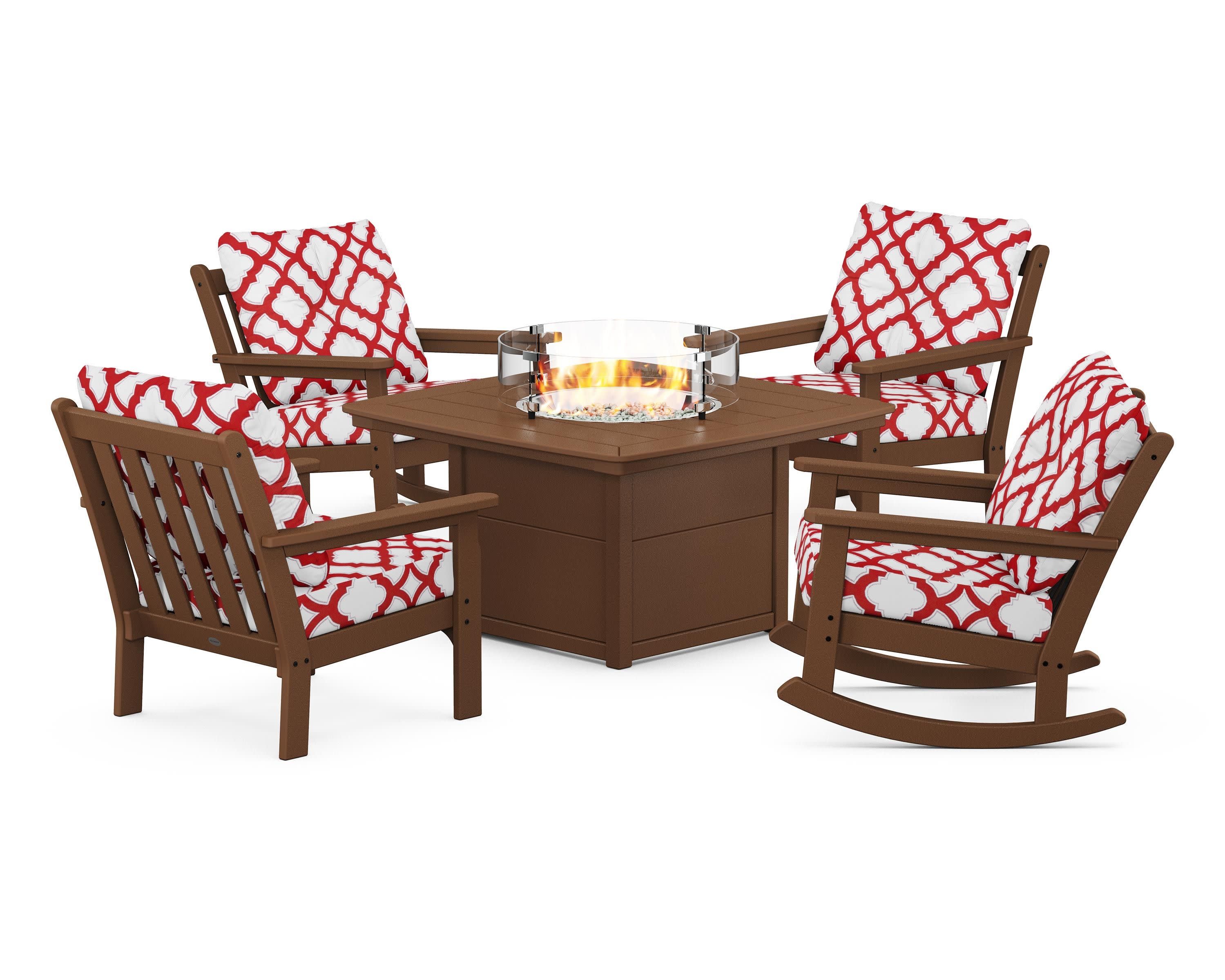 Vineyard 5-Piece Deep Seating Rocking Chair Conversation Set with Fire Pit Table in Teak / Trellis Crimson