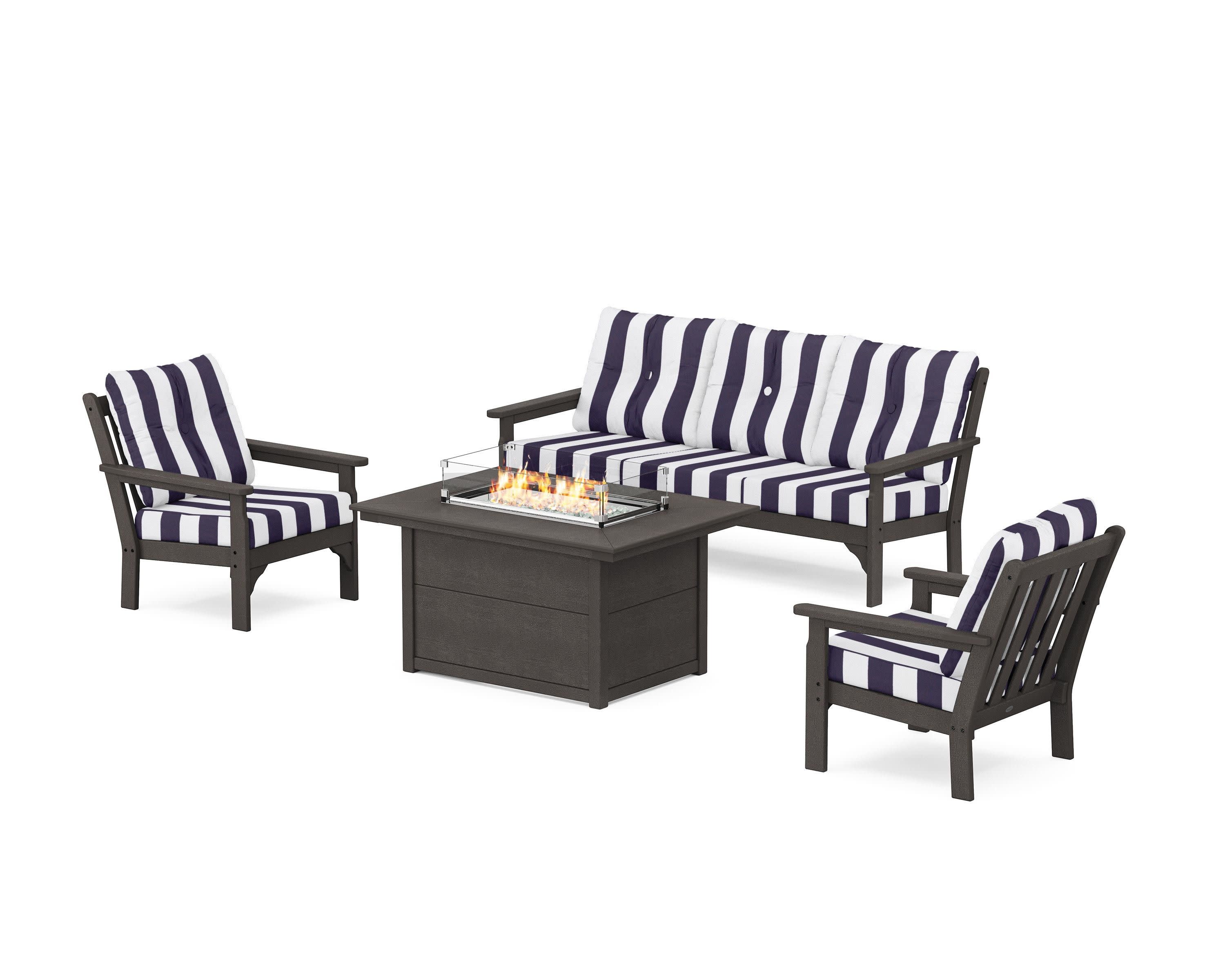 Vineyard Deep Seating Fire Pit Table Set in Vintage Coffee / Cabana Stripe Navy