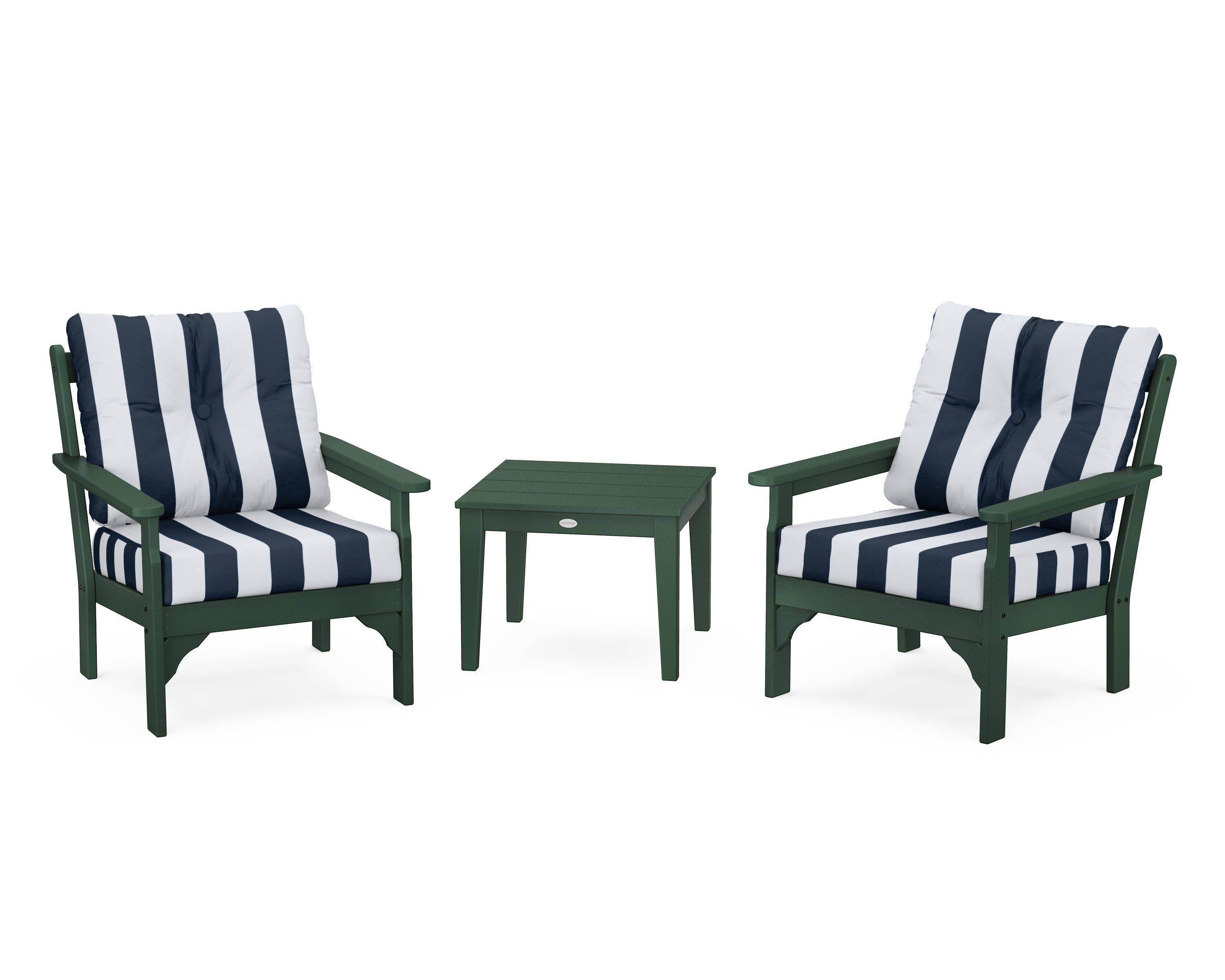 Vineyard 3-Piece Deep Seating Set in Green / Cabana Stripe Marine Indigo